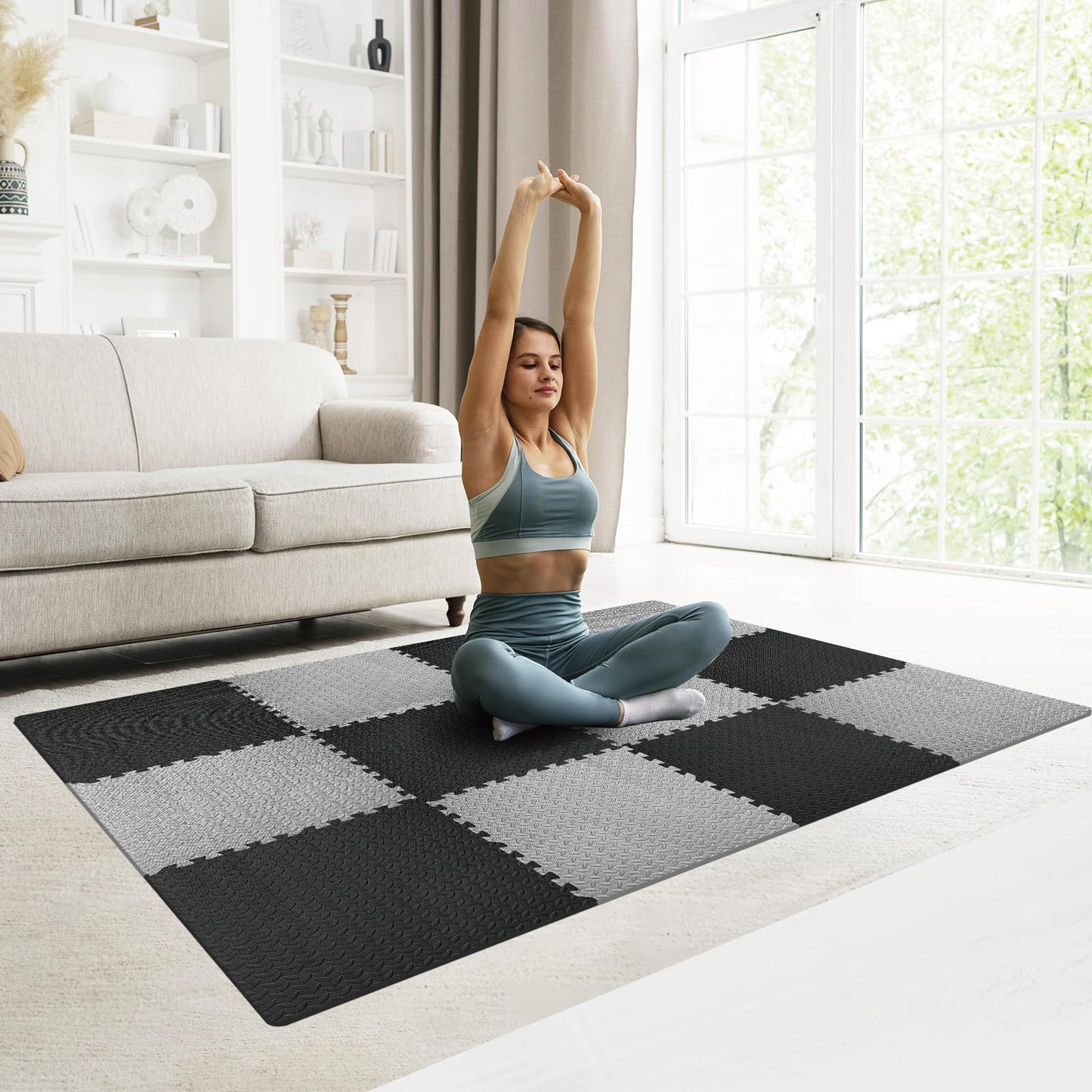 GWT Interlocking EVA Foam Floor Tiles 24x24 Inch 0.4 Inch Thick Gym Flooring for Home Gyms Garages and Basements, 12 Pack Covers 48 Square Feet, Shock-Absorbing Easy Snap-Together Install
