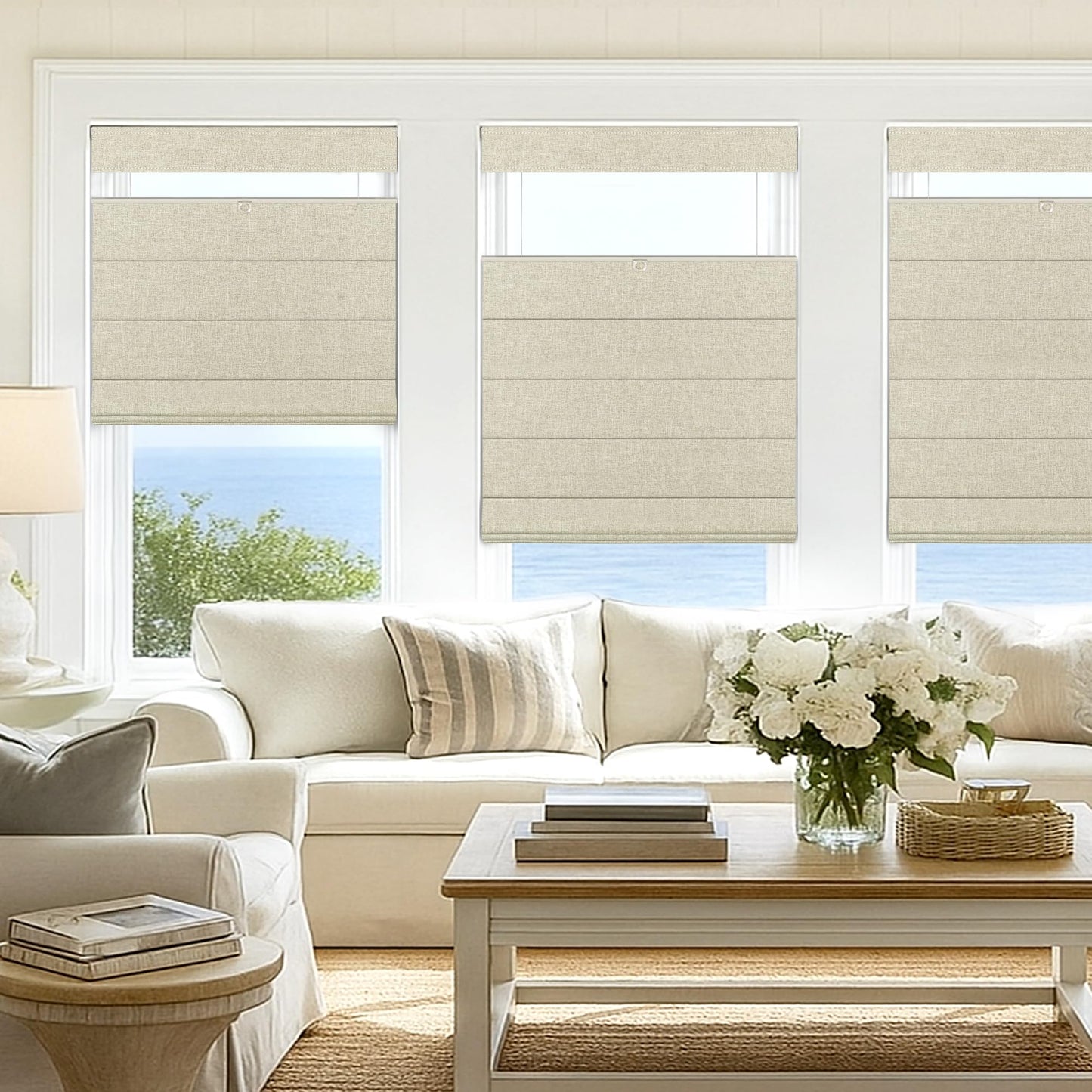 LazBlinds No Tools No Drill TDBU Cordless Roman Shades for Window, Thermal Insulated UV Blocking, 100% Blackout Fabric Blinds for Bedroom & Living Room, 42" W x 64" H, Blackout - Beige
