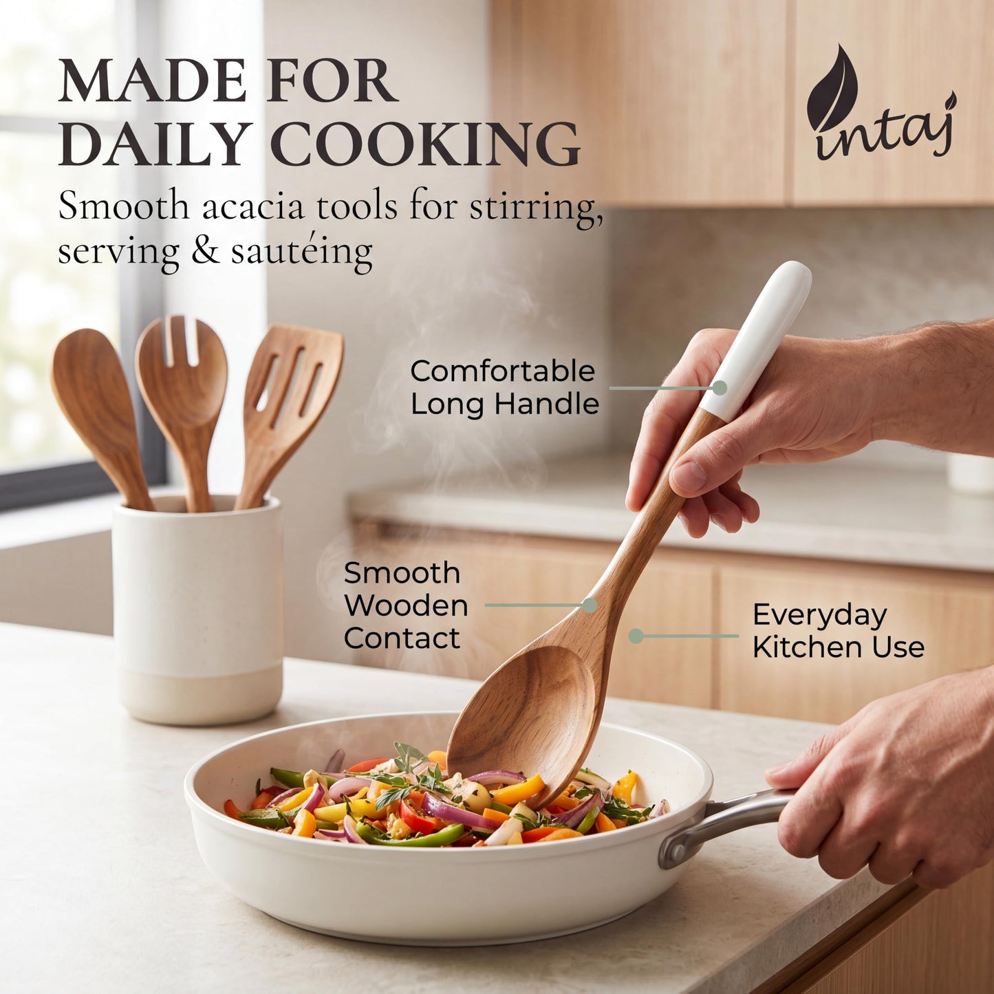 INTAJ Wood Kitchen Utensil Set – Handmade Wooden Spoons & Spatula for Cooking and Serving 5-Piece Acacia – Durable, Smooth Surface & Gentle on Cookware – Easy to Clean Kitchen Tools
