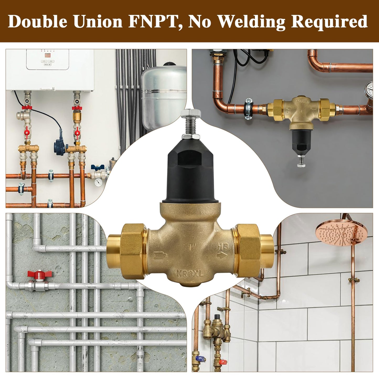 1" NR3XLDU Water Pressure Reducing Valve, 1" NR3XL with Double Union FNPT Connection, No Lead Water Pressure Regulator for Home & Commercial Use