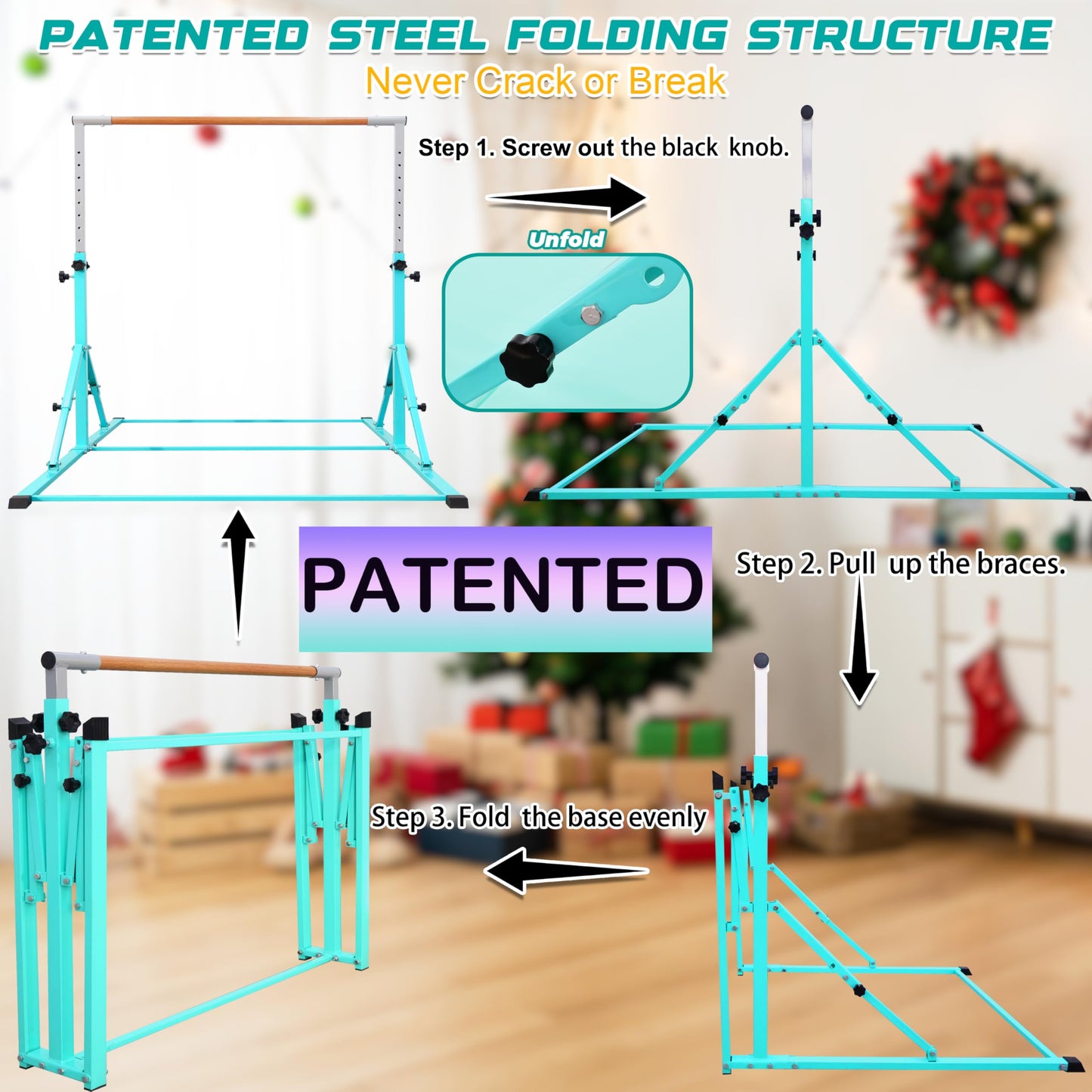 PreGymnastic Foldable Gymnastics Bar, 5.6FT Horizontal Bars for Kids 3-12, Weight Limit 350 LBS, Adjustable kip Bar, Children Home Gym Equipment (Teal)