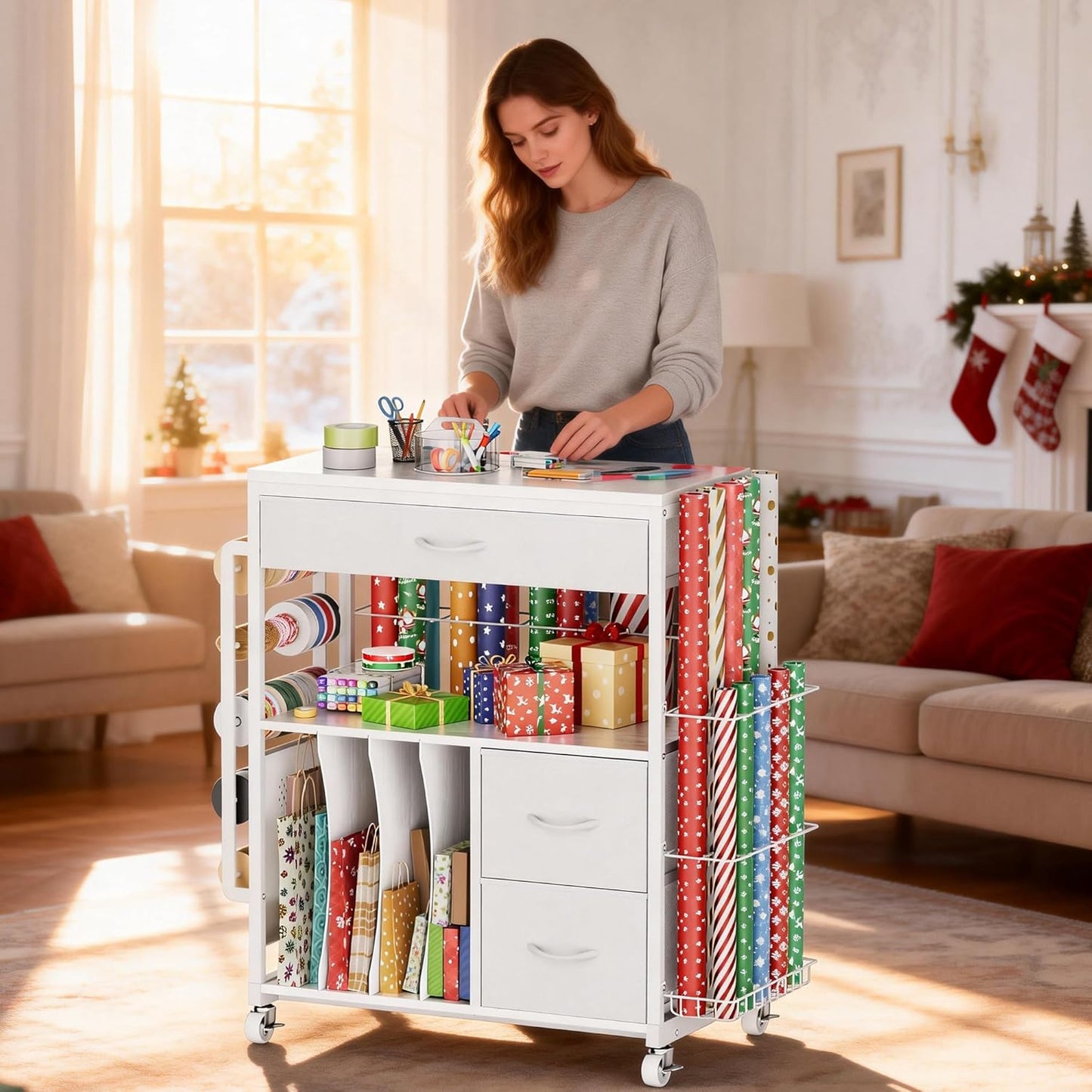 PUNLUXU Wrapping Paper Storage Cart - Rolling Gift Wrap Station with Ribbon & Gift Bag Organizer
