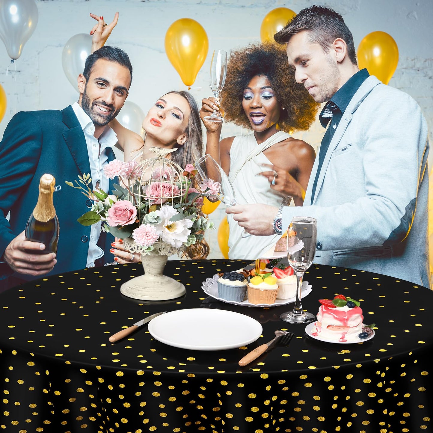 Newwiee 8 Pcs Round Dot Tablecloth 84 Inch Plastic Polka Dot Table Cover Disposable Confetti Tablecloths for Grad Wedding Bridal Shower Birthday Spring Graduate Party Decor (Black,Gold)