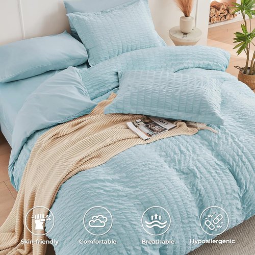 HYMOKEGE Comforter Set - Luxury 7-Piece Bedding in Lake Blue | All-Season Seersucker Design