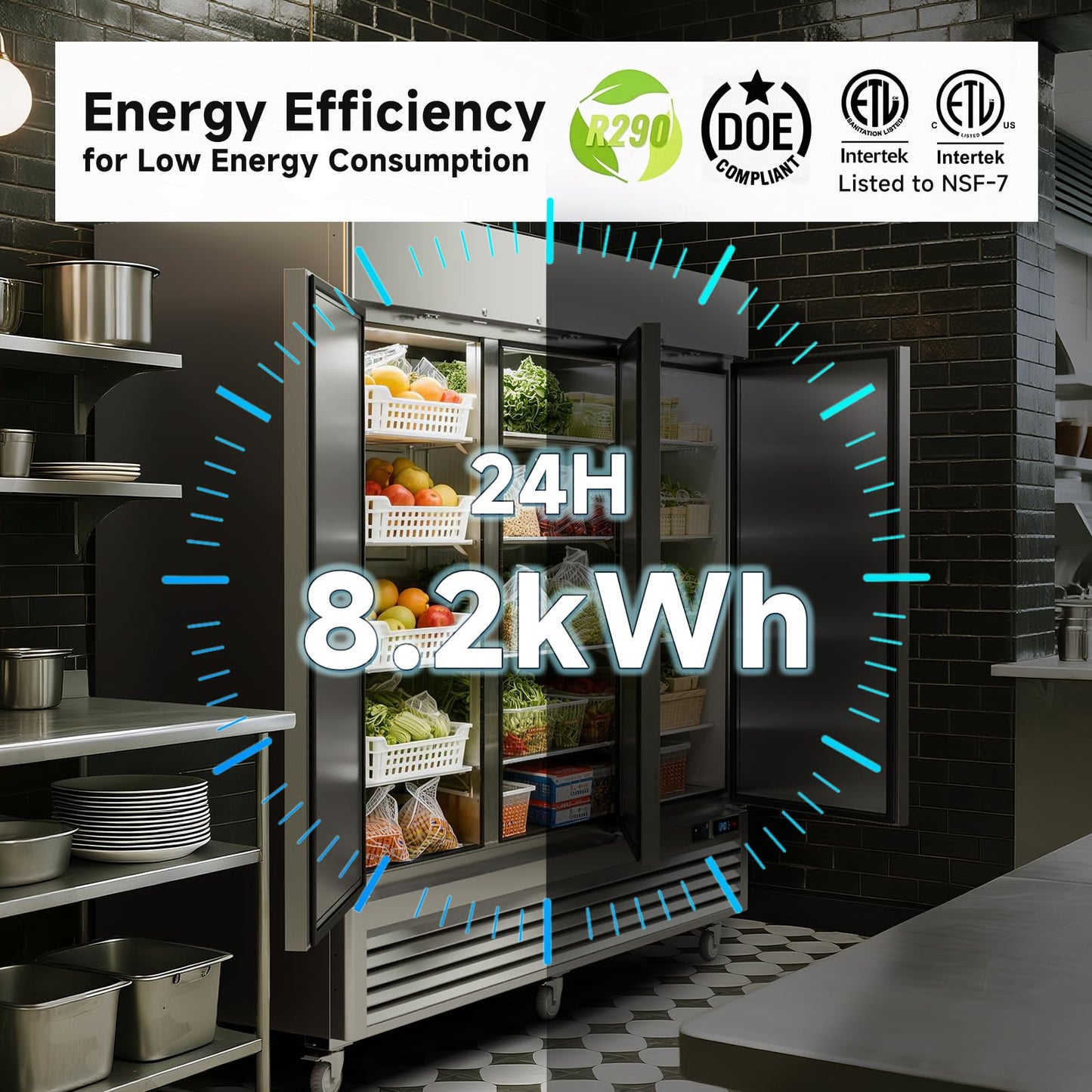 VEECOOL 72 cu.ft Commercial Refrigerator WiFi-Enabled, 82" Two Section Full Door Stainless Steel Reach in Refrigerator, LED Lighting, App and Digital Control, R290 Refrigerant, ETL&ETL Sanitation