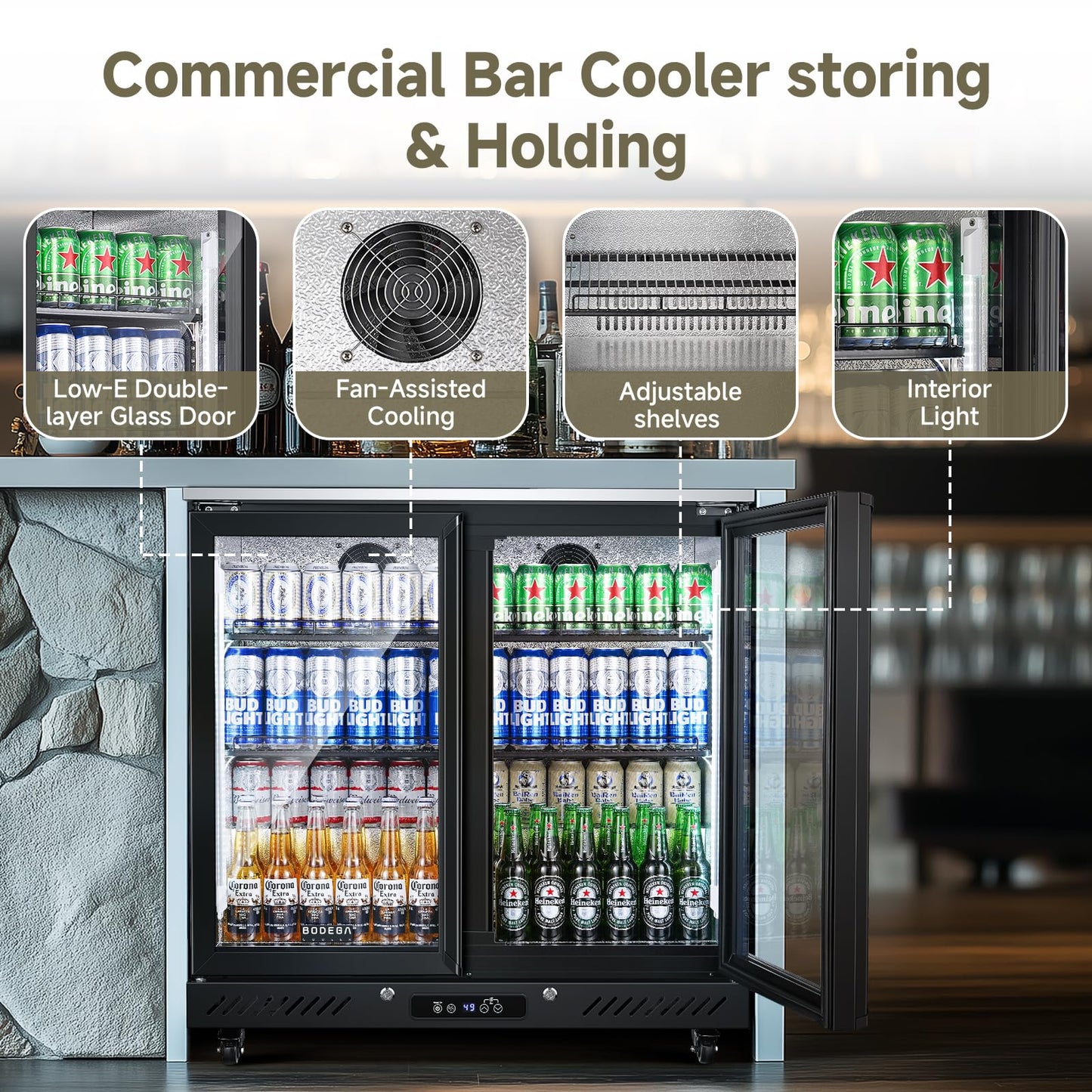 BODEGACOOLER Back Bar Cooler with 2 Glass Doors,7.7 Cu.ft Commercial Bar Beverage Refrigerator Under Counter LED Lighting for Soda Drinks,Beer,Wine with Stainless Steel Top,DOE Approved,4 Casters