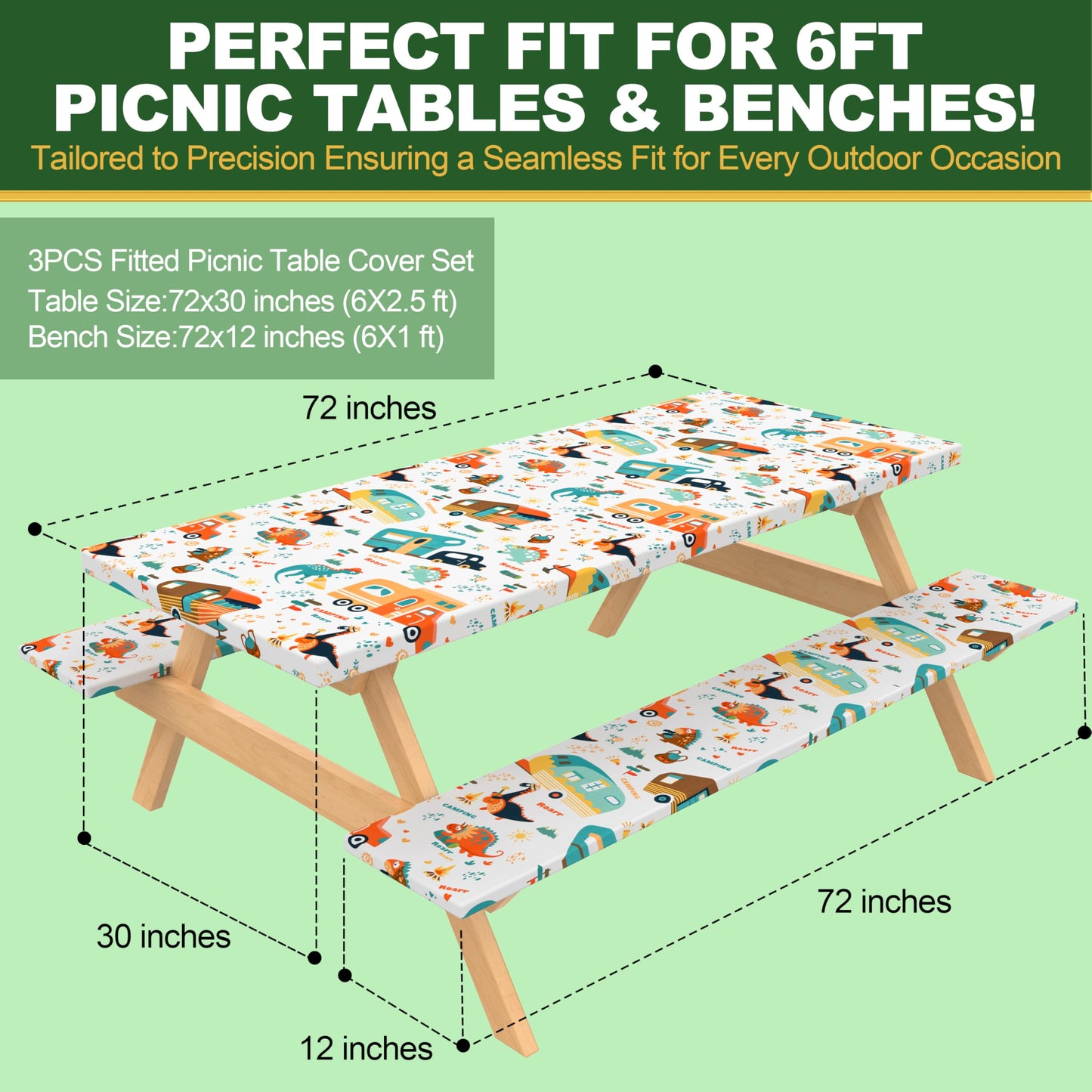 Jolly Camper 72 X 30 Inch Elastic Fitted Camping Table Cover with Bench Covers & Storage Bag, Picnic Tablecloth, Fits 6ft Picnic Tables, Polyester, Washable, Spill Resistant, Waterproof - Dino