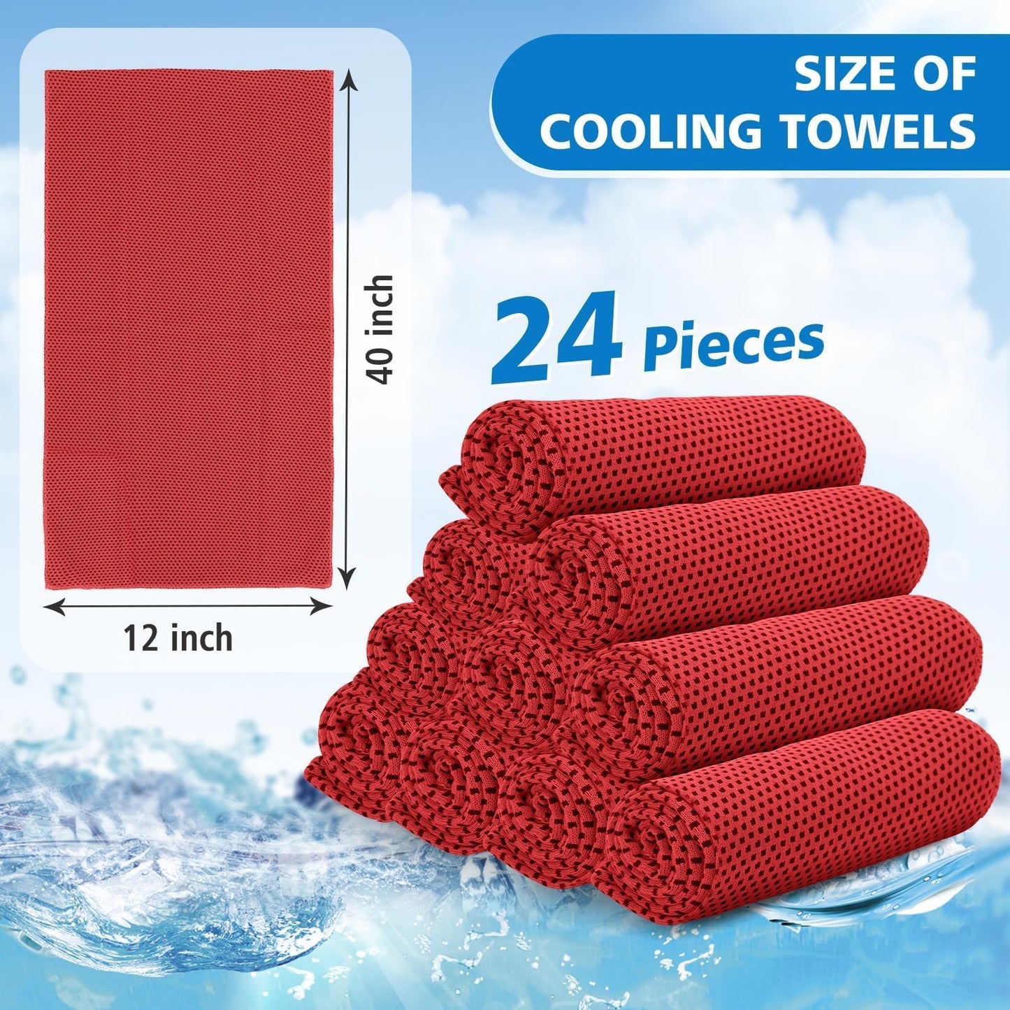 PJPSAA 24 Pack Cooling Towels Bulk for Neck and Face 40"x12" Ice Cooling Sweat Rags Microfiber Soft Breathable Soft Chilly Towel for Yoga Golf Sport Running