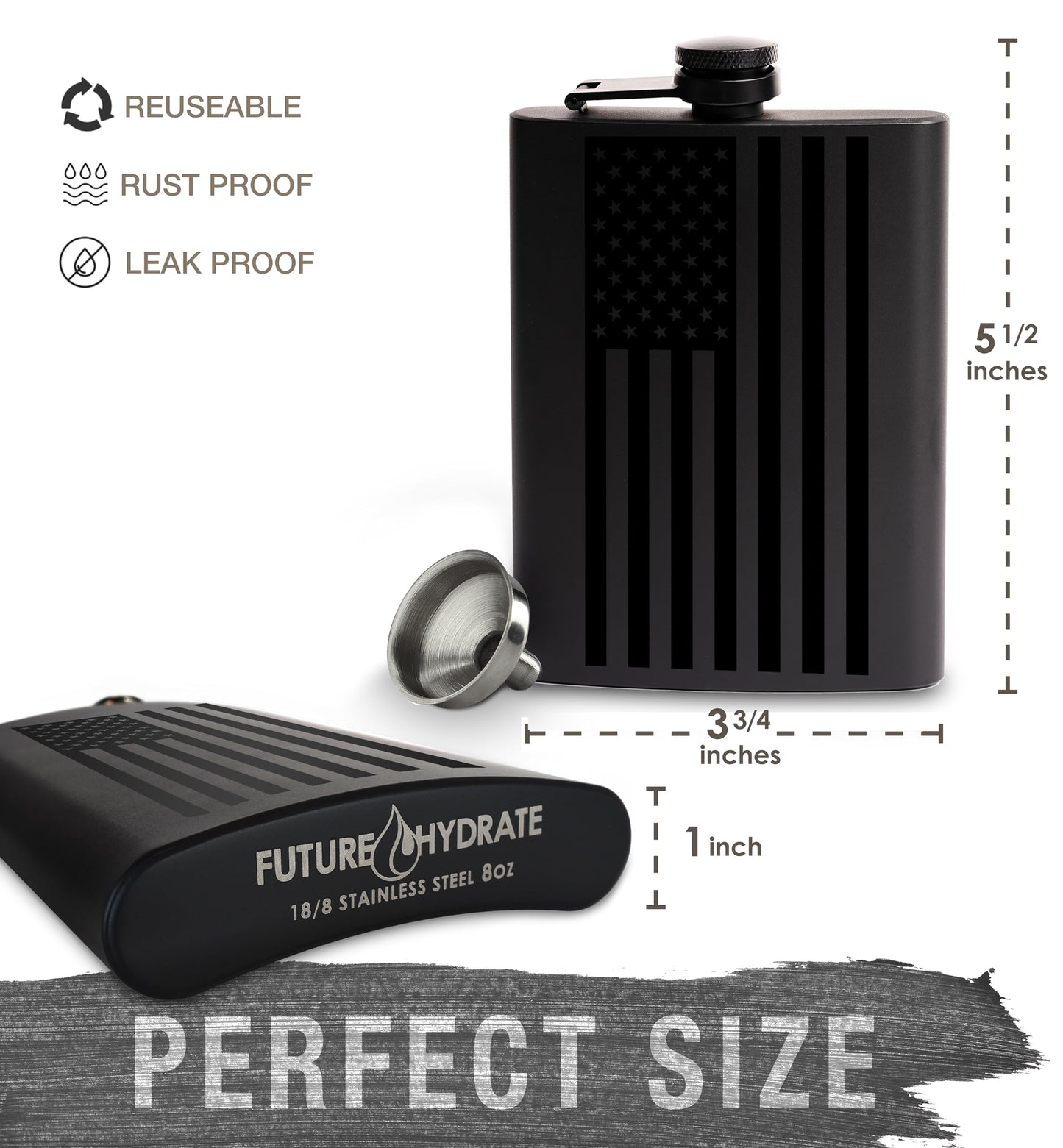 American Flag Liquor Flask - Perfect Holiday Gift for Men, Women, Fathers, or Hard to Shop for People - 304 Stainless Steel Hip Flask (Matte Black, Bonus Funnel, 8 Ounces)