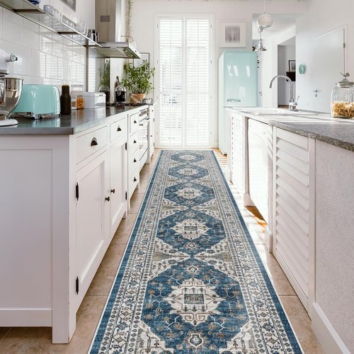 Hallway Washable Runner Rug - Vintage Soft Non-Slip Floor Mat for Entryway | 2'6''x14', Blue