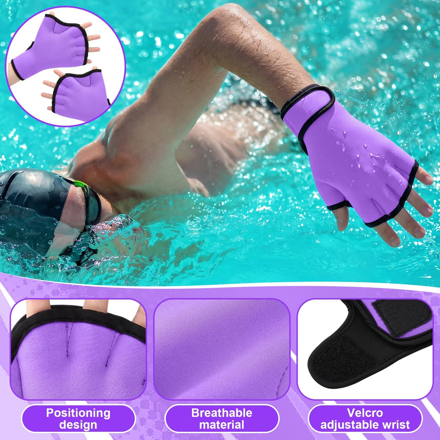 Hollowfly 6 Pcs Water Aerobics Equipment Set Full Body Pool Exercise Kit, 2 Aqua Dumbbells, 2 Adjustable 1lb Ankle/Wrist Weights, 2 Webbed Swim Gloves, Low Impact Aquatic Workout Gear(Purple)