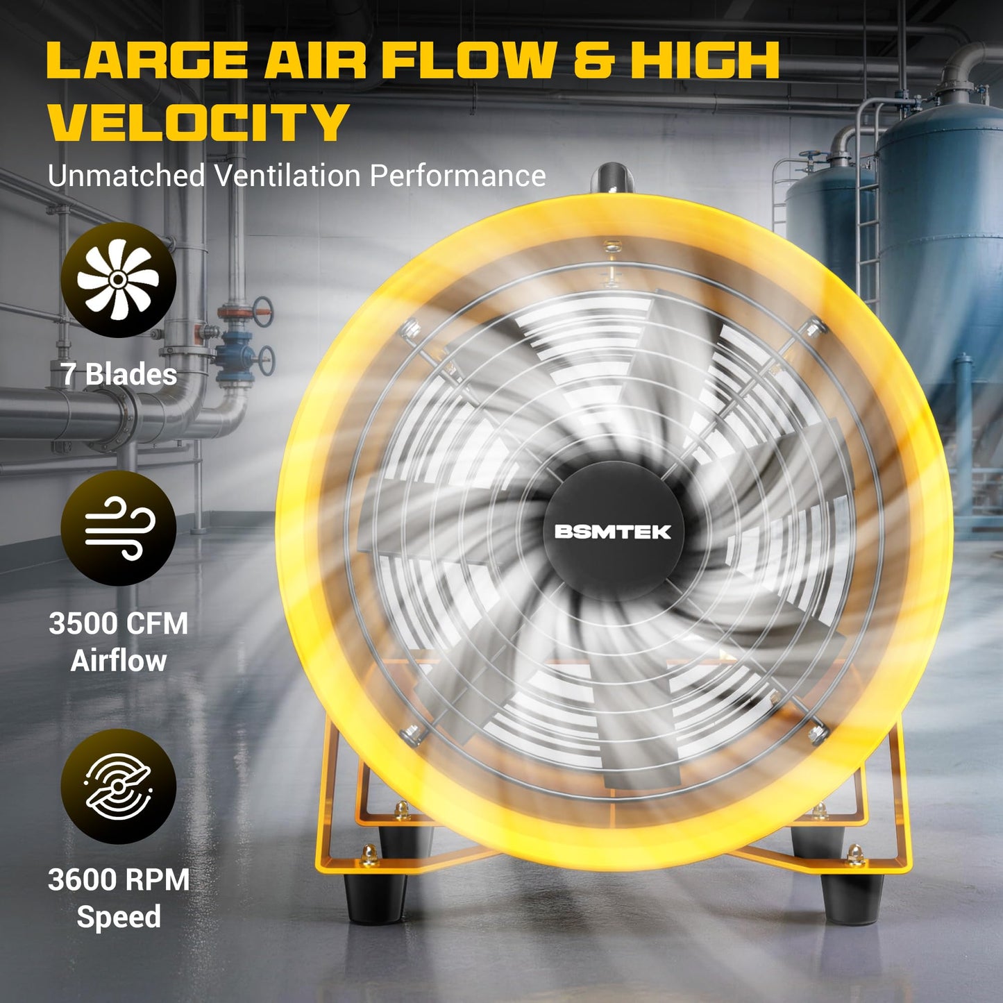 BSMTEK 12 Inch High-Velocity Air Mover Blower Fan, 3500CFM 550W with 33FT Duct Hose, Low-Noise Industrial Portable Ventilator Blower for Basements, Workshops, Warehouses, Confined Spaces