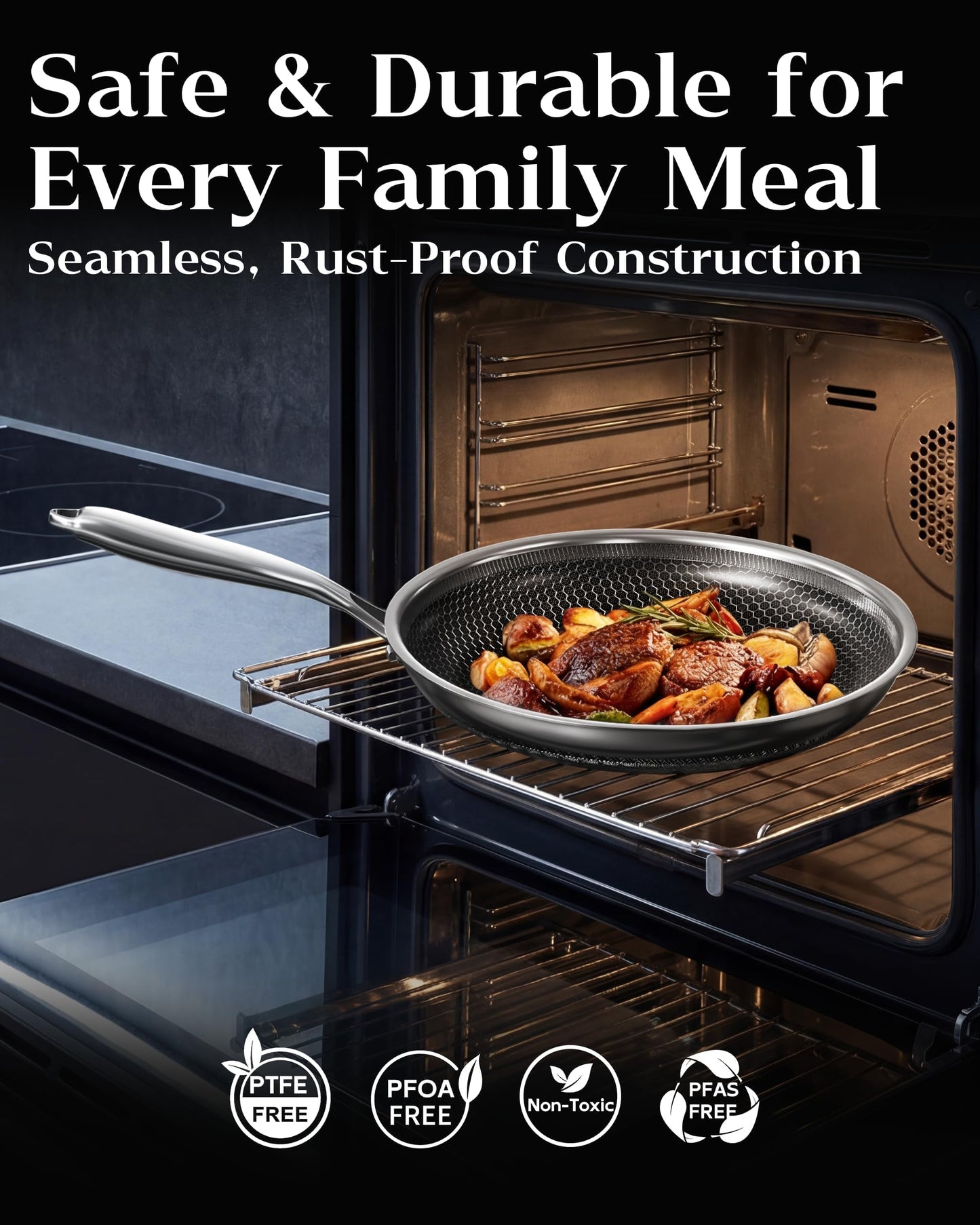 XBM Nonstick Frying Pan Set, 8+10+12 Inch, Honeycomb Stainless Steel Skillet Pans Set, PFOA-Free Scratch-Proof, Dishwasher & Oven Safe, Compatible with All Cooktops