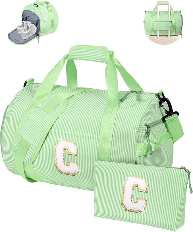 Gifts for 3 4 5 6 7 8 9 Year Old Girls, Girl Gym Bag, Kids Monogram Overnight Duffel Bags with Shoe Compartment, Personalized Travel Bag with Makeup Pouch, Holiday Gift for Teen (Letter C)