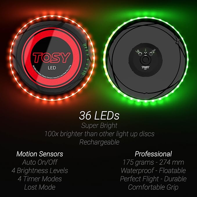 TOSY Flying Disc - 16 Million Colors RGB or 36 LEDs, Extremely Bright, Smart Modes, Camping Essentials for Teens/Kids/Adults/Men/Boys/Girls, Auto Light Up, Rechargeable, Waterproof, 175g