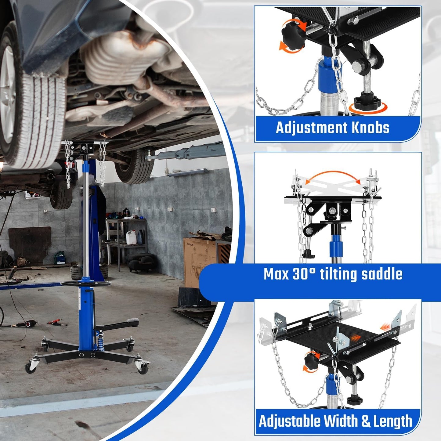 Transmission Jack, 1100 LBS Heavy Duty Hydraulic Telescoping Transmission Jack, 34"-68" High Lift with Foot Pedal, 360° Swivel Wheels, Blue
