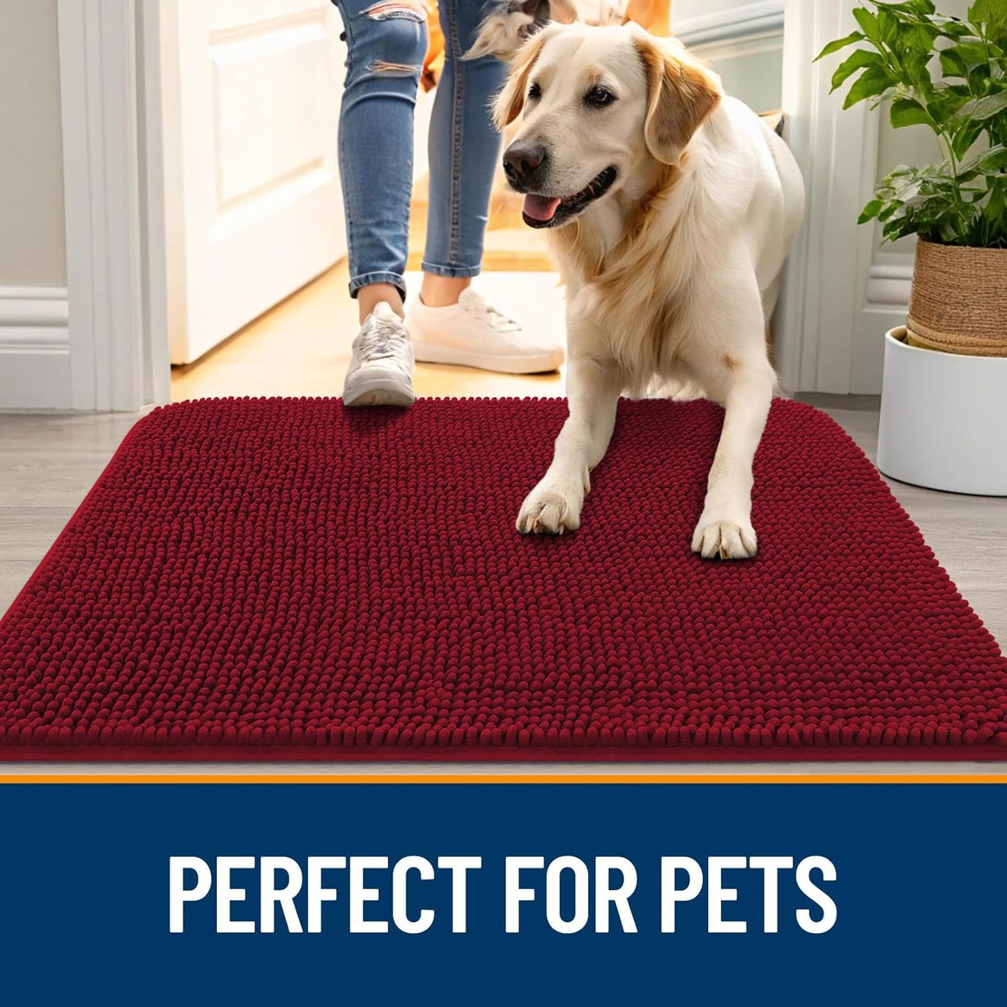 OLANLY Dog Door Mat - Absorbent Non-Slip Chenille Mat for Muddy Paws | 48x30 Red, Quick Dry & Washable