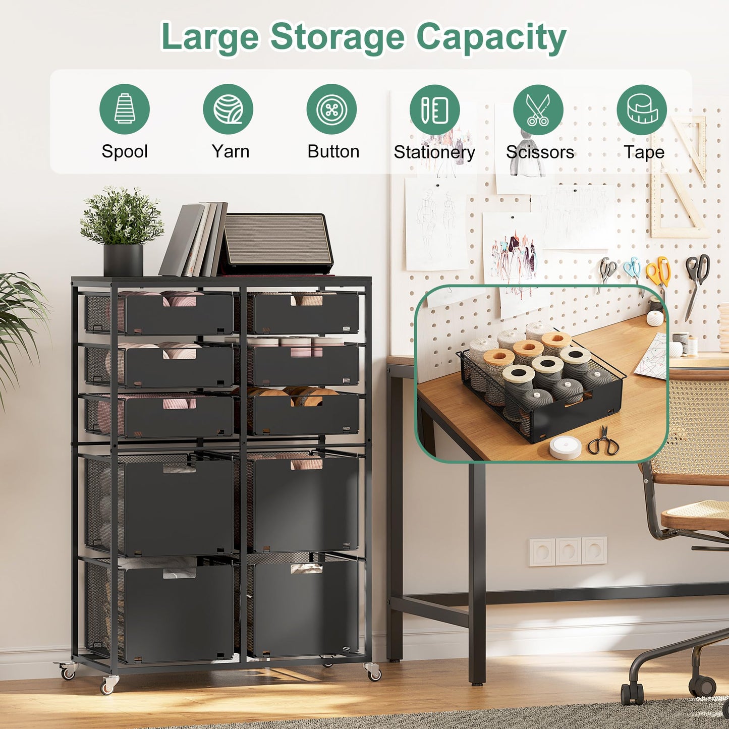 EasyPAG Rolling Storage Cart With 10 Drawers, Metal Craft Organizers And Storage Cart With Wood Tabletop, 30 Lbs Capacity Per Drawer For Home Office Classroom And Dorm, Black