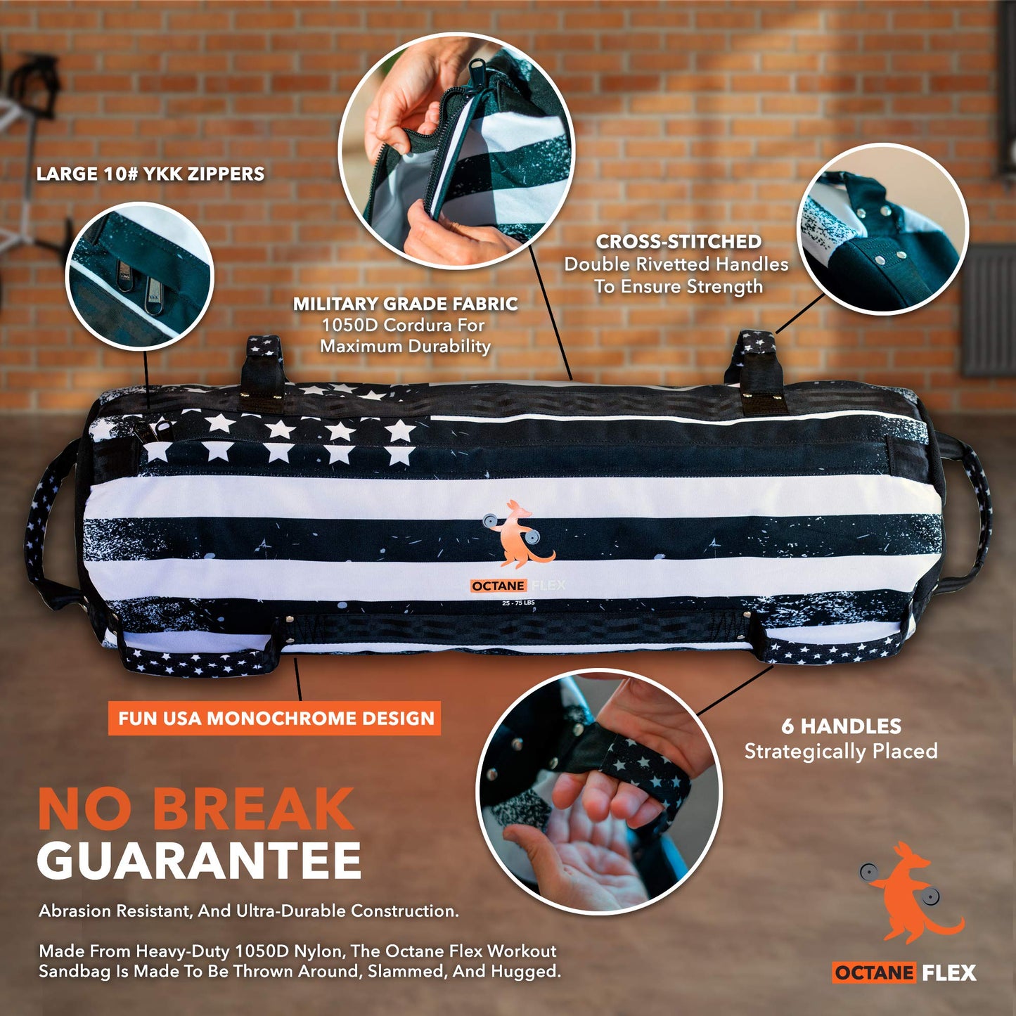 Octane Flex Adjustable Sandbags for Fitness 75lb - Home Workout Sandbag Set with 3 x Filler Bags and Exercise Poster - Training Weighted Sand Bag Equipment with Handles for Gym & Crossfit USA (75)