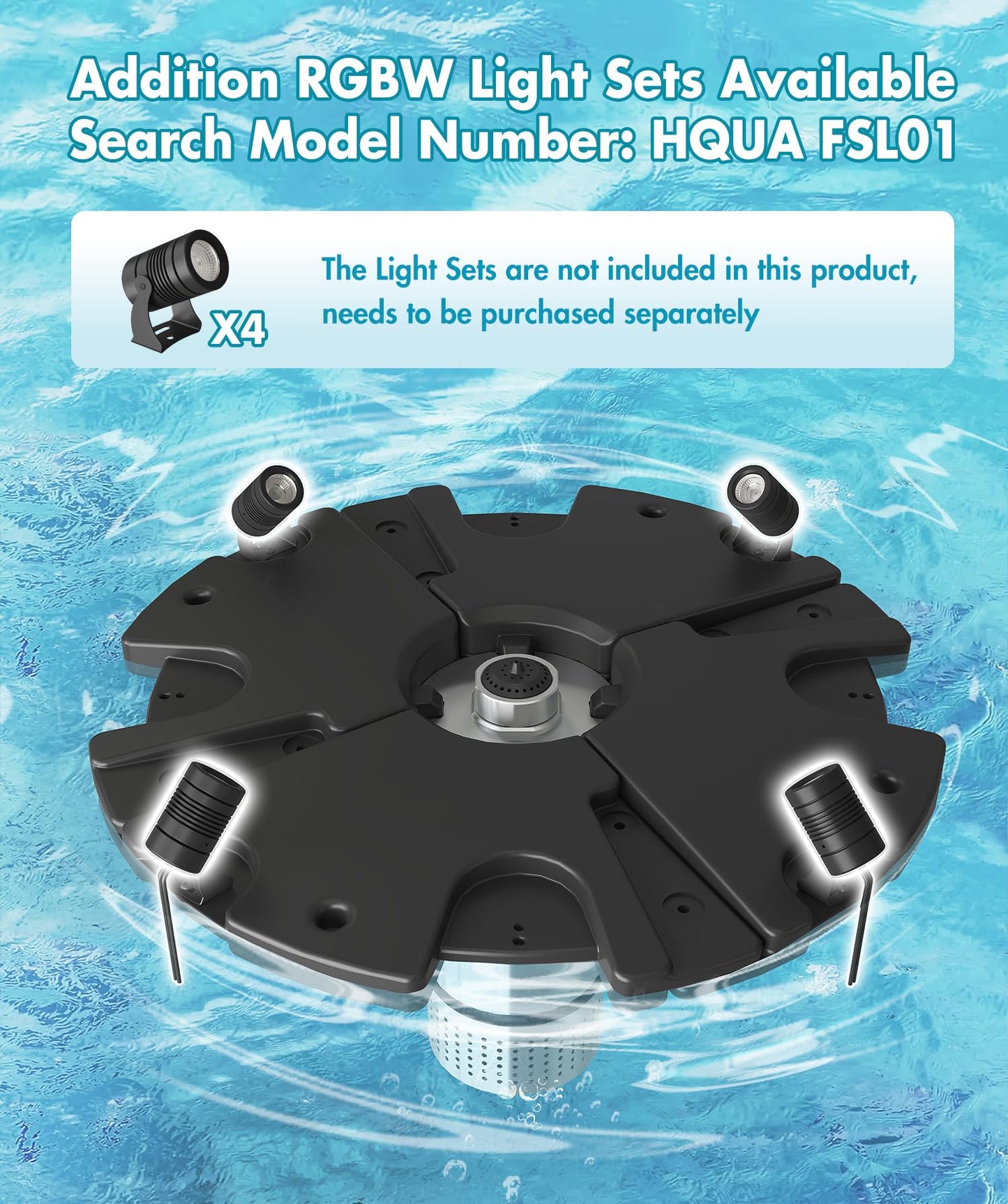 FS02 110V, 1/2 HP Large Pond Floating Fountain, Oil Free Pump 9000 GPH with 100’ Cord, Two Spray Patterns Included