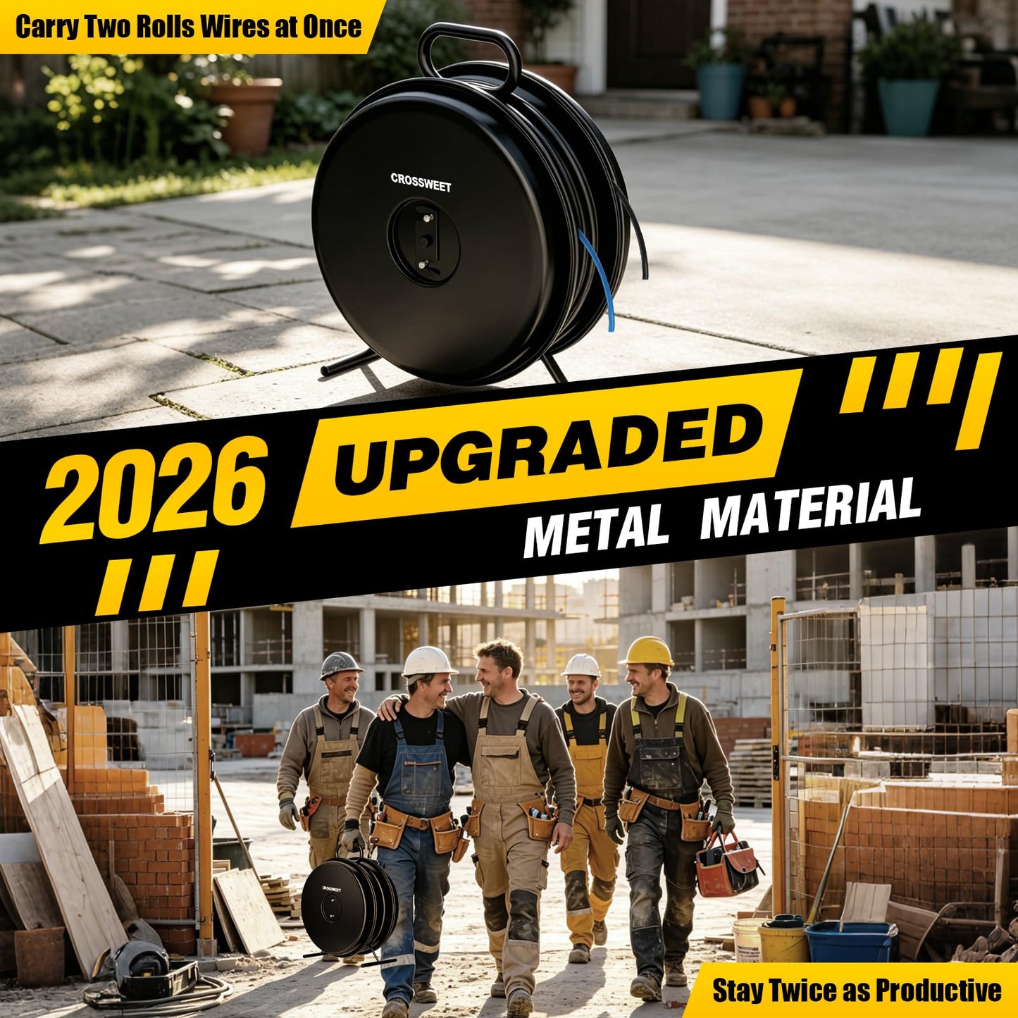 Upgraded 415D Wire Dispenser Wheel, Dual Capacity 2-Reel Wire Dispenser with Easy Grip Handle & Aluminum Reel, Compatible with 250ft 14/2 14/3 14/4 12/2 12/3 10/2 Electrical Wire Rolls