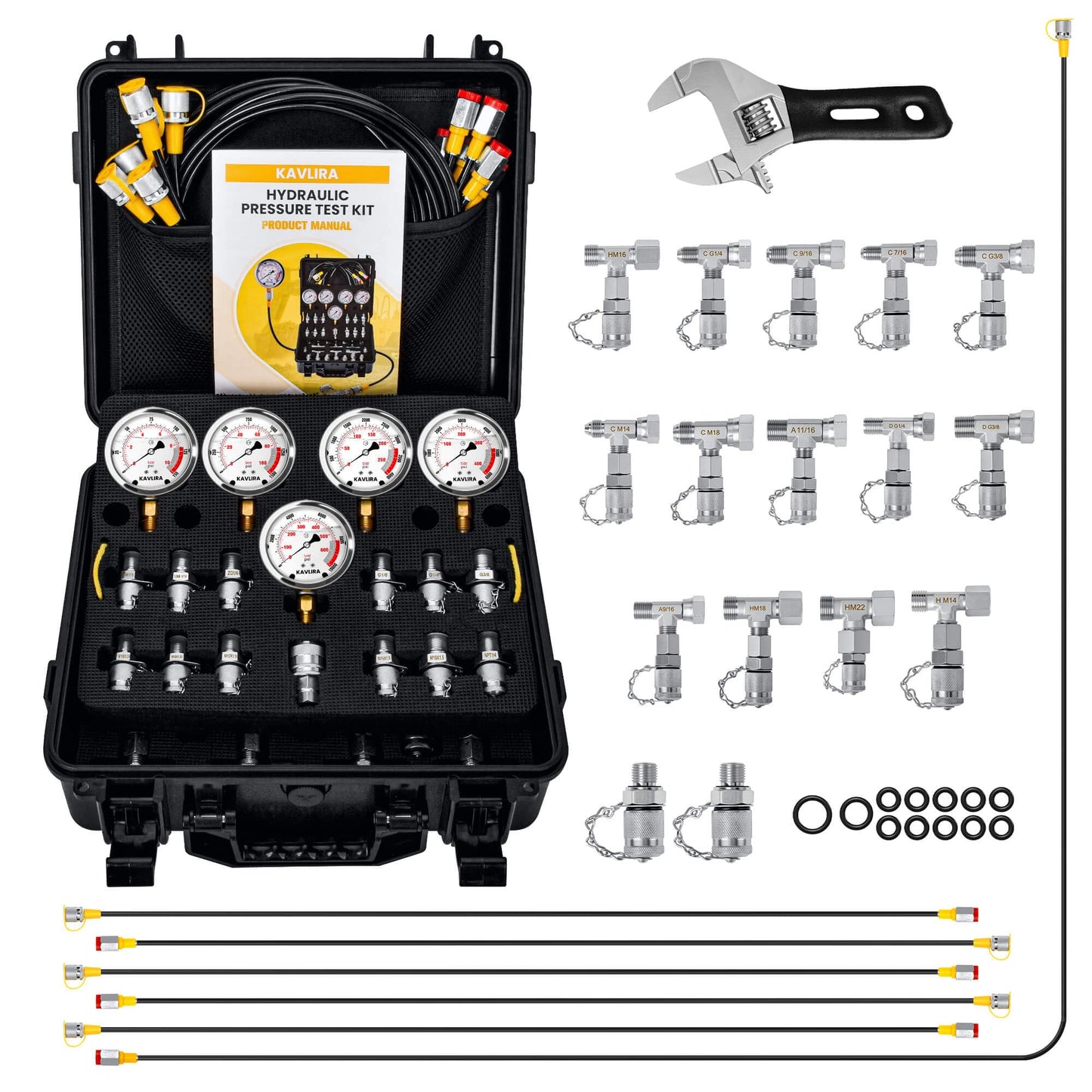 KAVLIRA Hydraulic Pressure Test Kit, 5 Gauges (Max 10,000 PSI) 13 Test Couplings 14 Tee Connectors 6 Hoses (5×5.2 ft + 1×9.8 ft), Hydraulic Test Gauge Kit for Excavator, Tractor & Heavy Equipment