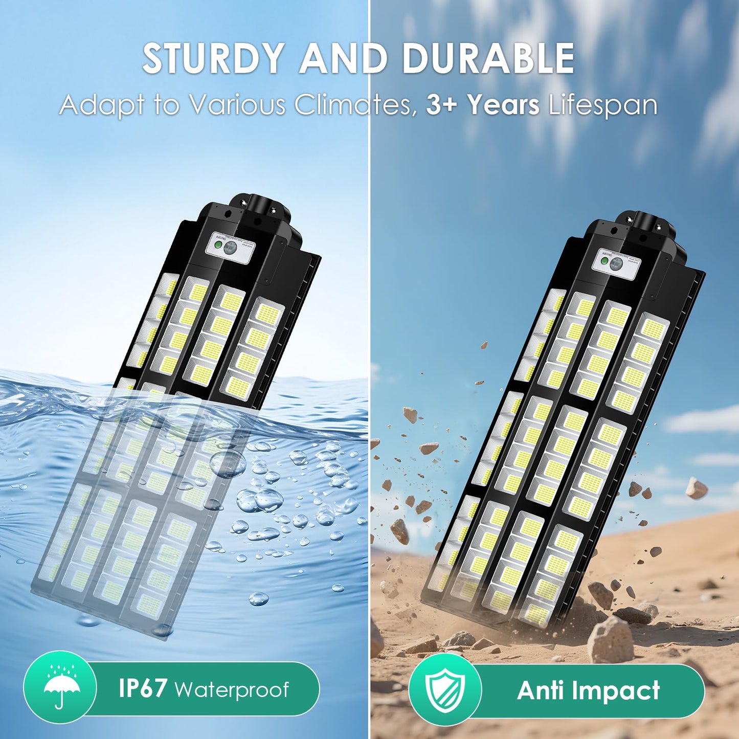 pqins 12000W Solar Street Lights Outdoor Waterproof, Large Solar Parking Lot Light Dusk to Dawn with Radar Motion Sensor and Remote Control, Pole or Wall mounted, for Outside Yard Driveway Barn Garage