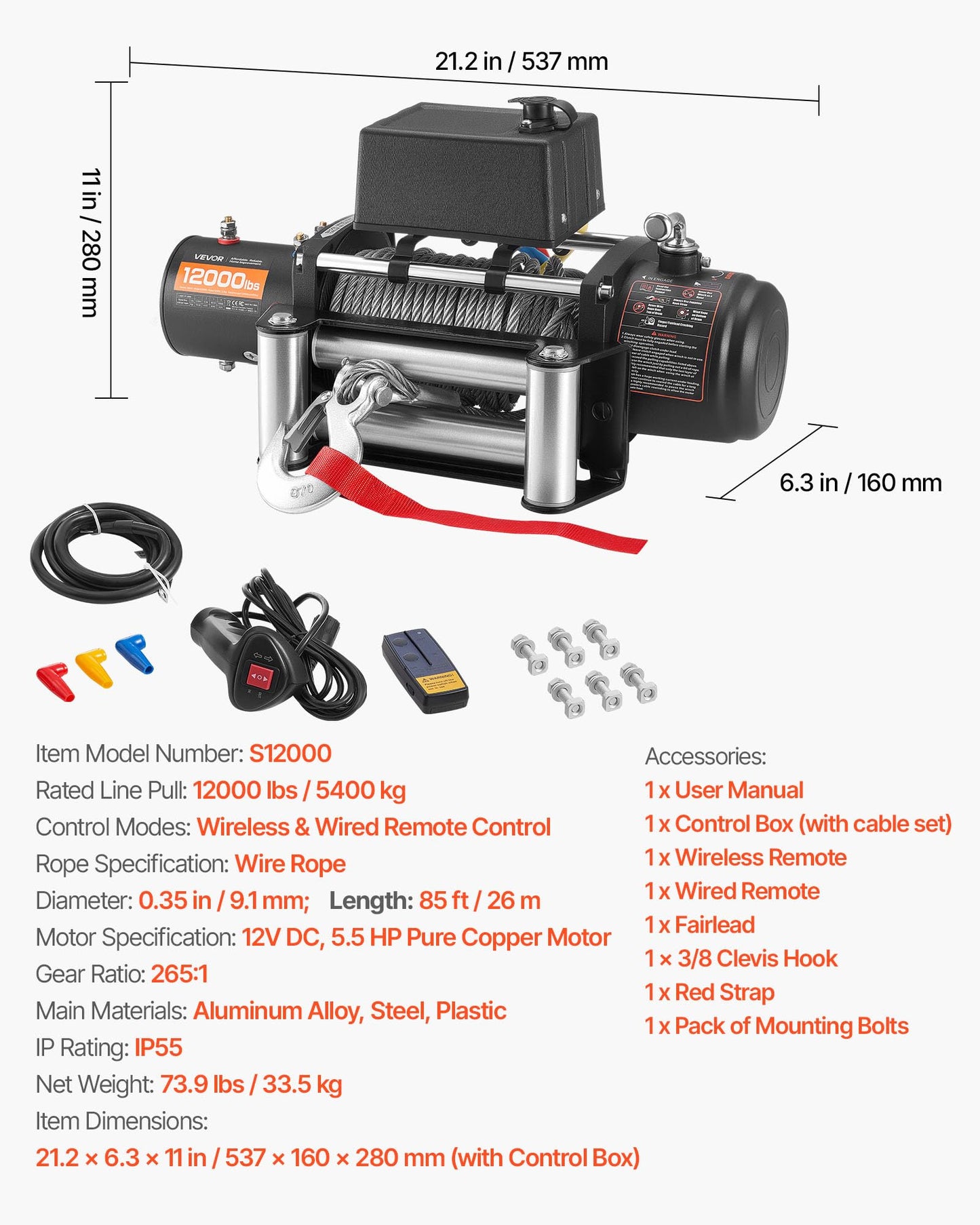 VEVOR Truck Winch 12000lbs Electric Winch 85ft/26m Steel Cable 12V Power Winch Jeep Winch with Wireless Remote Control and Powerful Motor for UTV ATV & Jeep Truck and Wrangler in Car Lift
