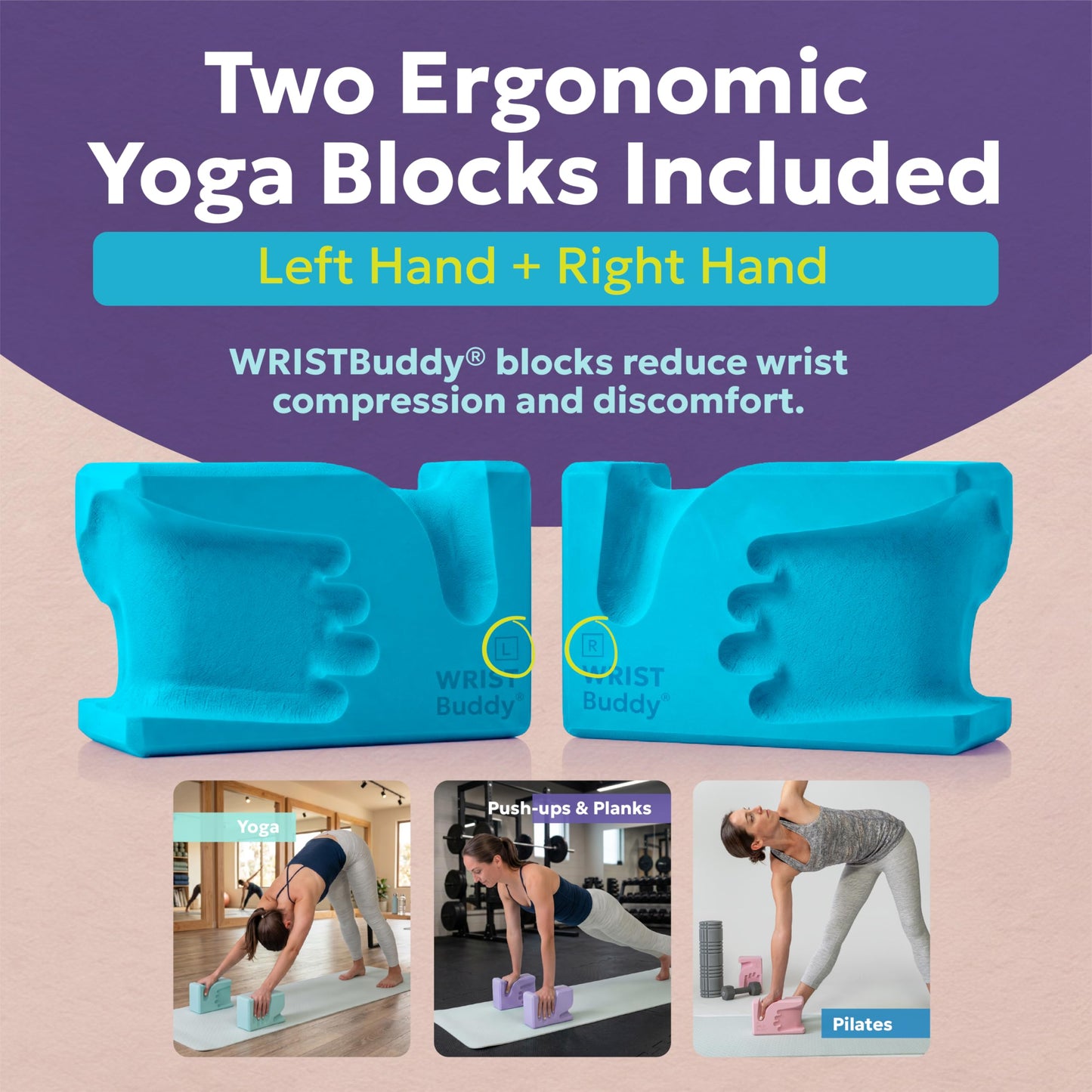 WRISTBuddy® Hand-Shaped Ergonomic Yoga Blocks for Optimal Wrist Support During Yoga, Pilates, Pushups, Planks and Handstands. Patented Non-Slip Blocks for Enhanced Stability and Comfort.