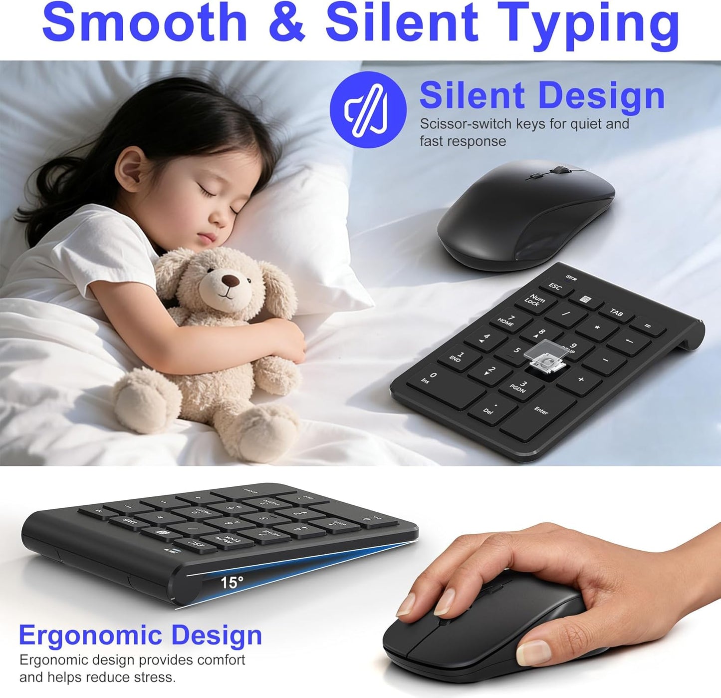 Tioleje 22 3 2.4GHz Set Wireless Mouse and Number Pad Combo - Key USB Keypad and Adjustable DPI Silent Mouse, Ultra