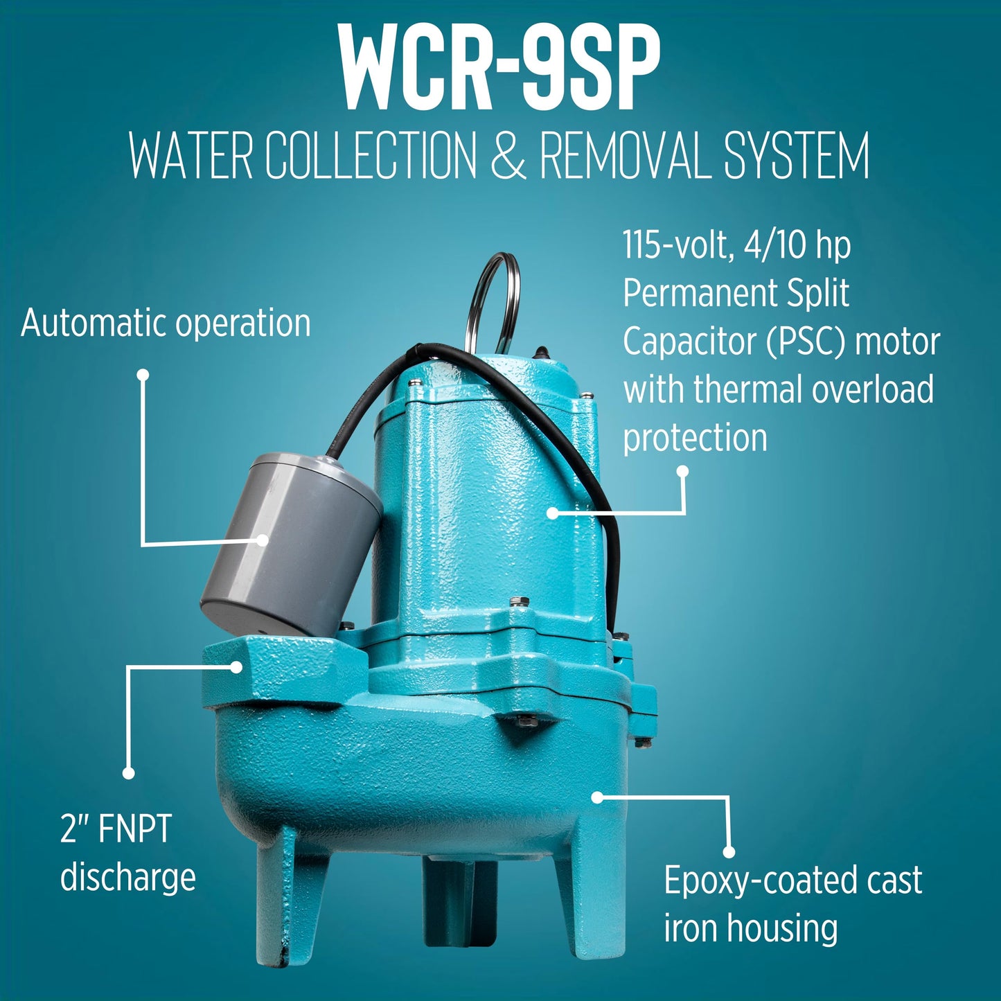 Little Giant WCR-9SP 115 Volt, 4/10 HP, 4800 GPH Automatic Outdoor Water/Seepage Collection and Removal System with Sewage Pump, 20' Piggyback Float Switch, Structural Foam Cover, Green/Blue, 509081
