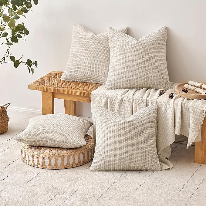 MIULEE Pack of 4 Couch Throw Pillow Covers 24x24 Inch Cream Soft Decorative Chenille Pillow Covers Farmhouse Accent Cushion Covers for Boho Spring Home Decor Sofa Bedroom Living Room