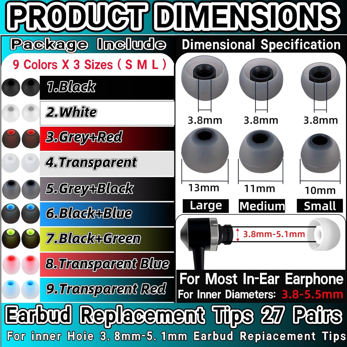 Zijipjy 54Pcs 3.8mm -5.1mm) 3 S/M/L,9 Earbuds Replacement Tips Silicone Earbuds Cap Replacement Pieces Earbud Covers