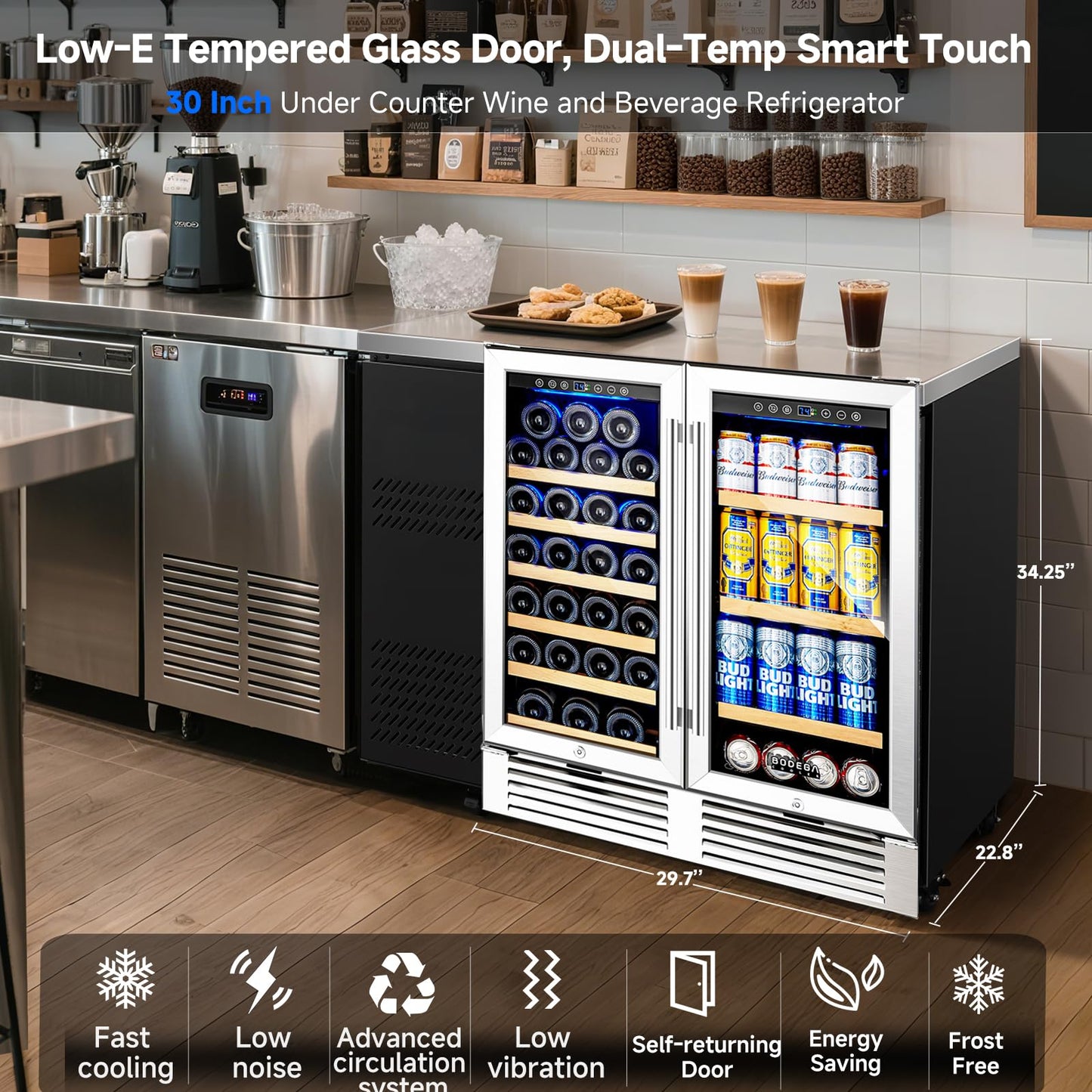 BODEGACOOLER Wine and Beverage Refrigerator,30 Inch Under Counter Commercial Beverage Refrigerator, Large Capacity Back Bar Cooler With 2 Glass Doors,LED Lighting Display Beer Wine Soda Drinks.