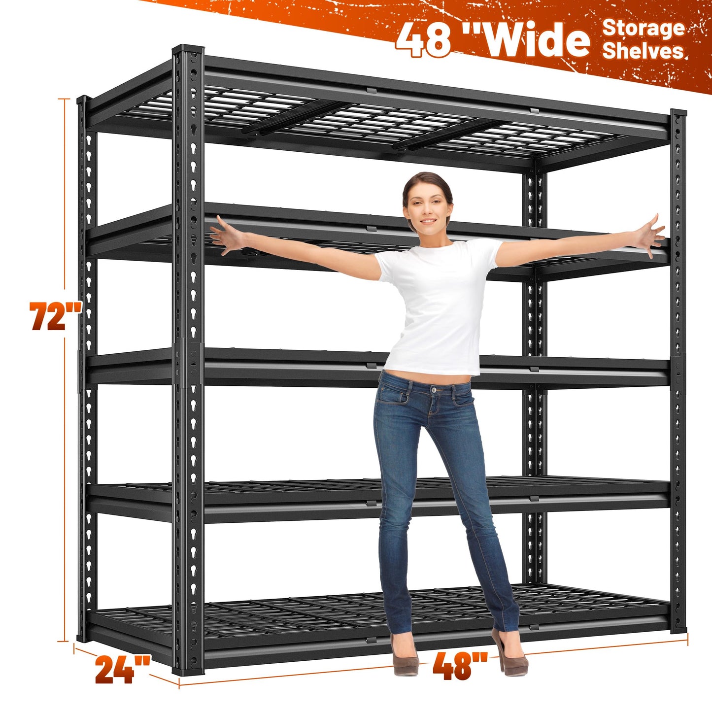 REIBII 72" H Garage Shelving 3000LBS Metal Shelving Heavy Duty Storage Shelves Adjustable Metal Shelf 5 Tier Pantry Shelves for Warehouse Garage Basement Pantry 48" W x 24" D x 72" H