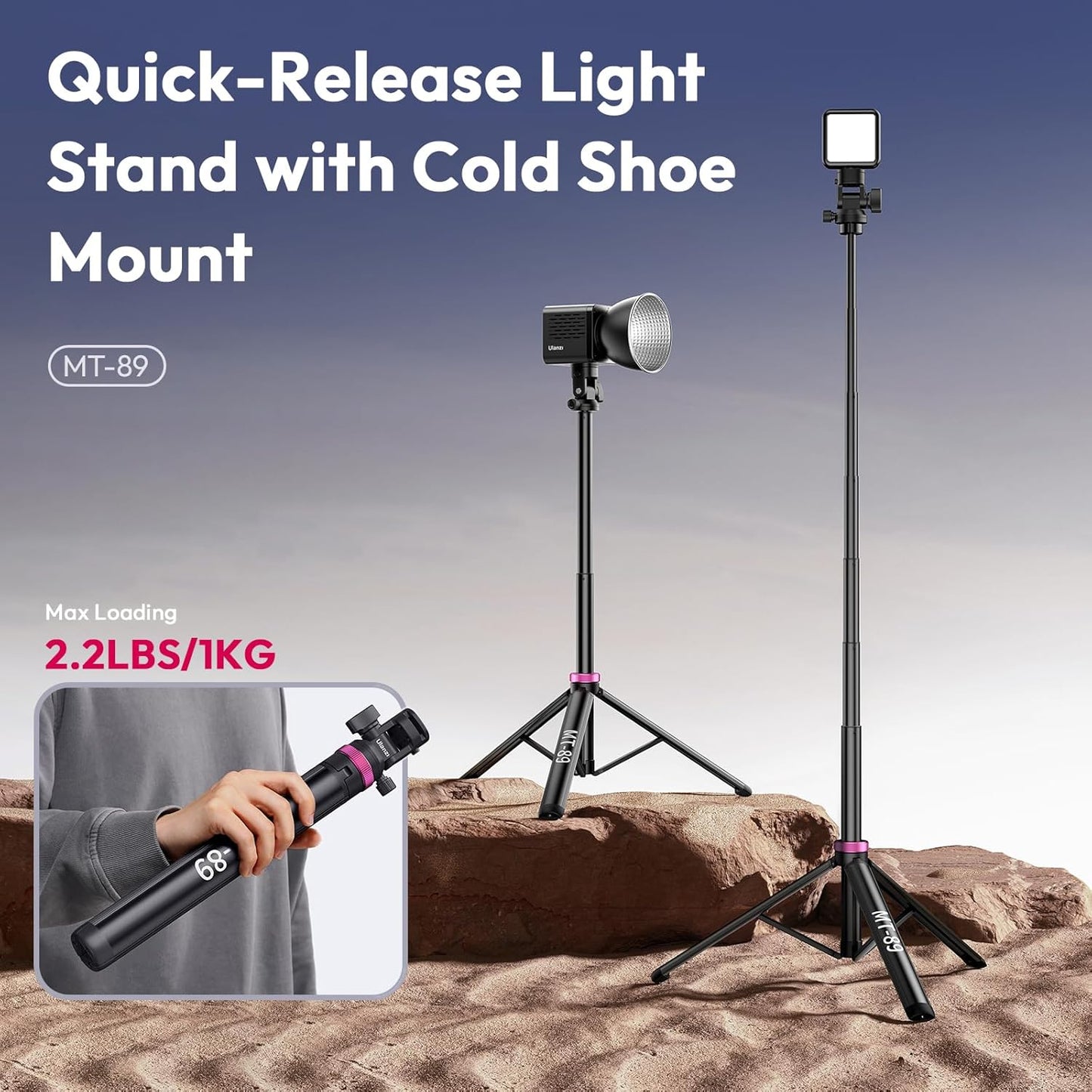 ULANZI MT-89 82" 1/4" 2.2LBS Extendable Tripod Aluminum, Portable Adjustable Light Stand with Screw Quick Release