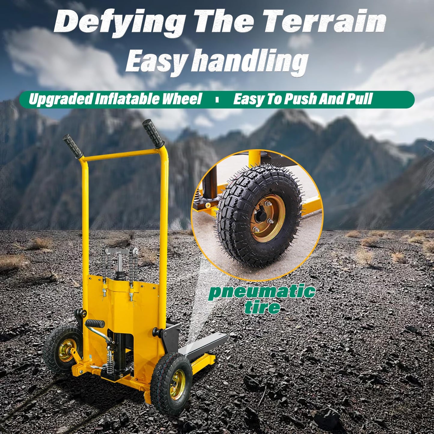 Foldable Hydraulic Material Lift Dolly, Pallet Stacker, 440lbs Capacity, Removable Steel Platform & Fork Arms, with Pneumatic Tire, Winch Stacker (440 lb. Steam Tire Wheel)