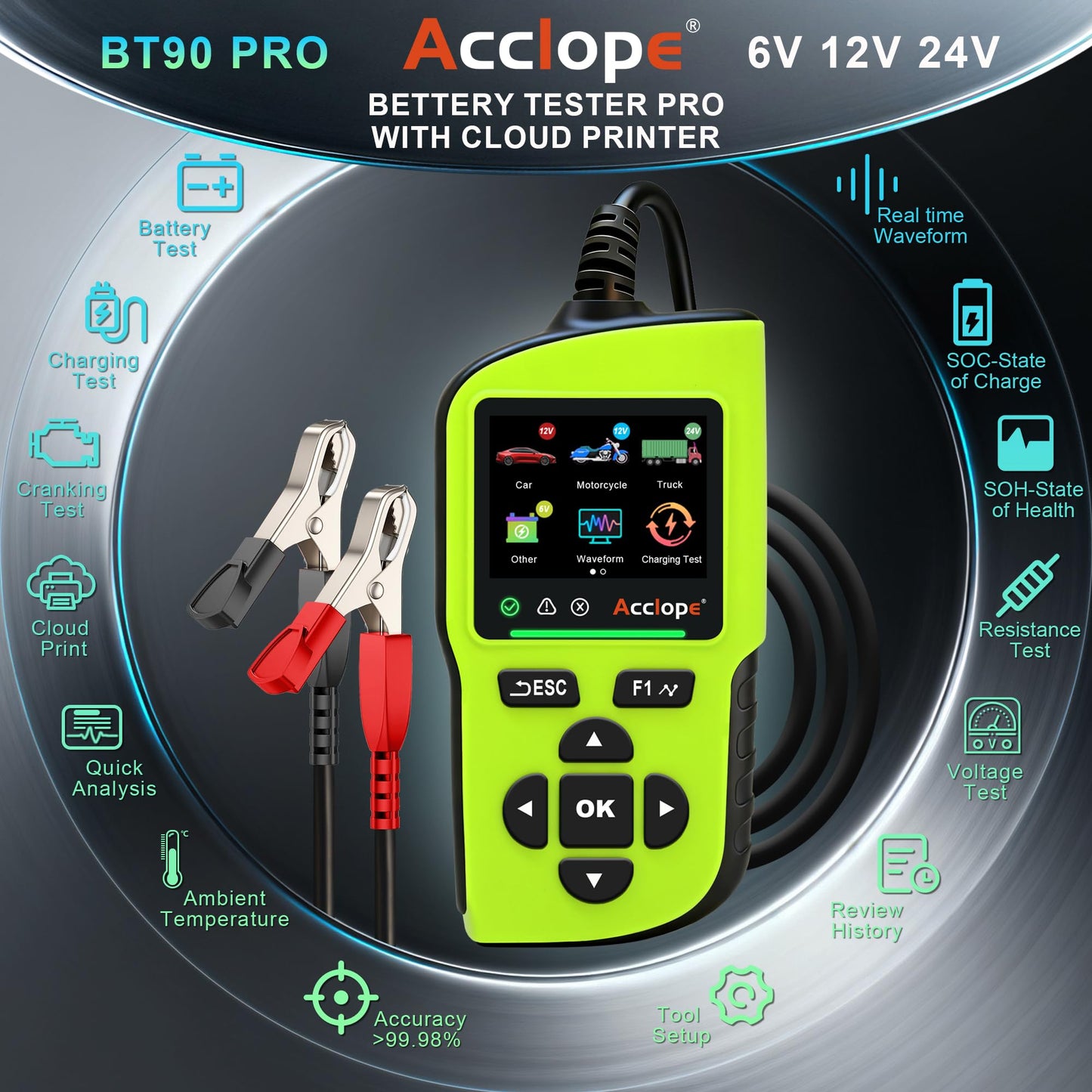 Acclope BT90 PRO 2-360Ah Battery Tester with Cloud Printing, 30-3800 CCA, 6V/12V/24V Digital Analyzer, SOH/SOC/Volt/Res/Cranking&Charging Test, Real‑Time Ambient Temp, AGM/EFB/Gel/Li