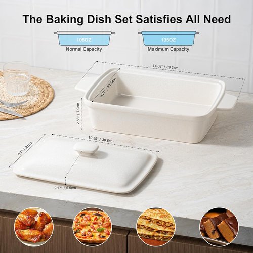 DAFUCERAMIC Casserole Dish - 3.5 Quart Porcelain Baking Dish with Lid | Deep Rectangular Bakeware for Oven & Microwave