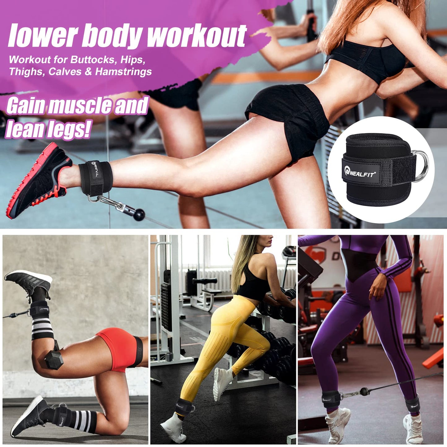 NEALFIT Ankle Strap for Cable Machine, Gym Ankle Cuff for Kickbacks, Leg Extensions, Glute Workouts, Booty Hip Abductors Exercise for Women and Men (Black, Single)