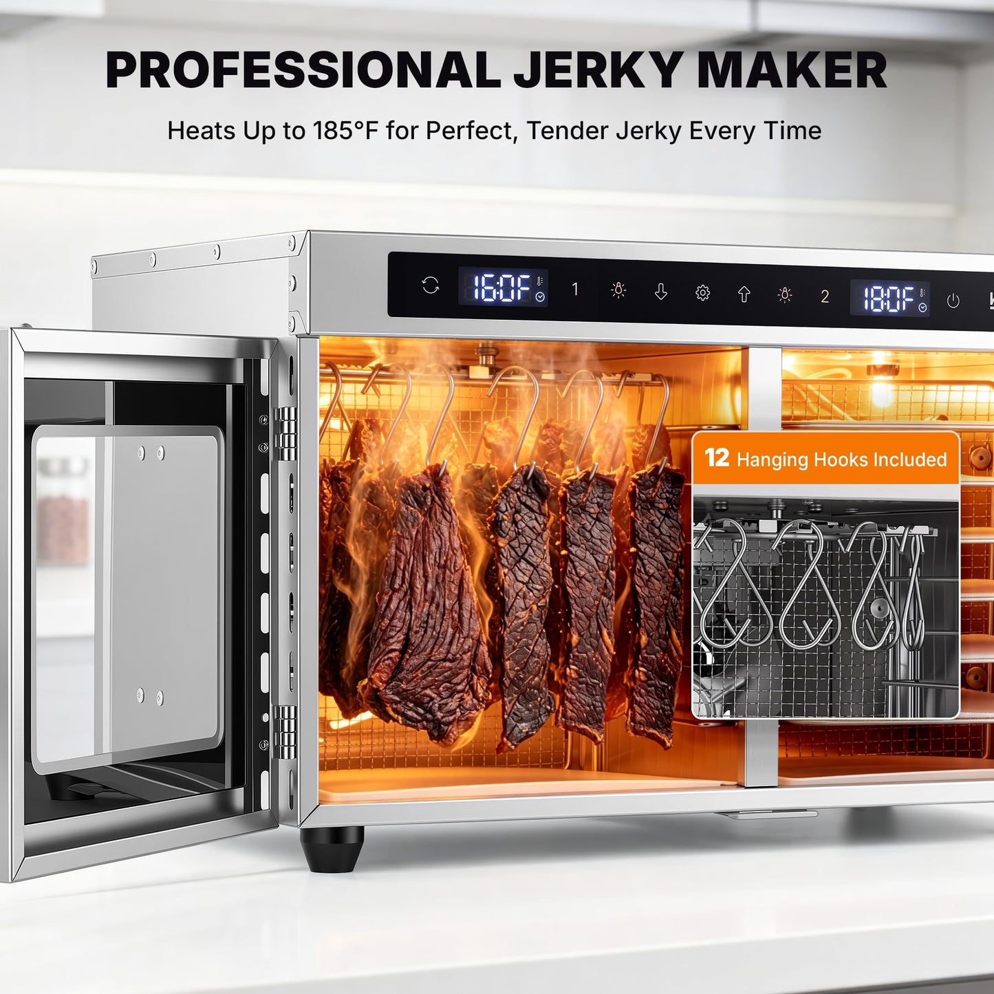 WILPREP Dual-Zone Food Dehydrator for Jerky, 12-Tray, 13 sq ft Food Dryer with Independent Control & 86–185°F Temp Range, Stainless Steel Dehydrator for Homemade Jerky Fruit Herbs Snacks