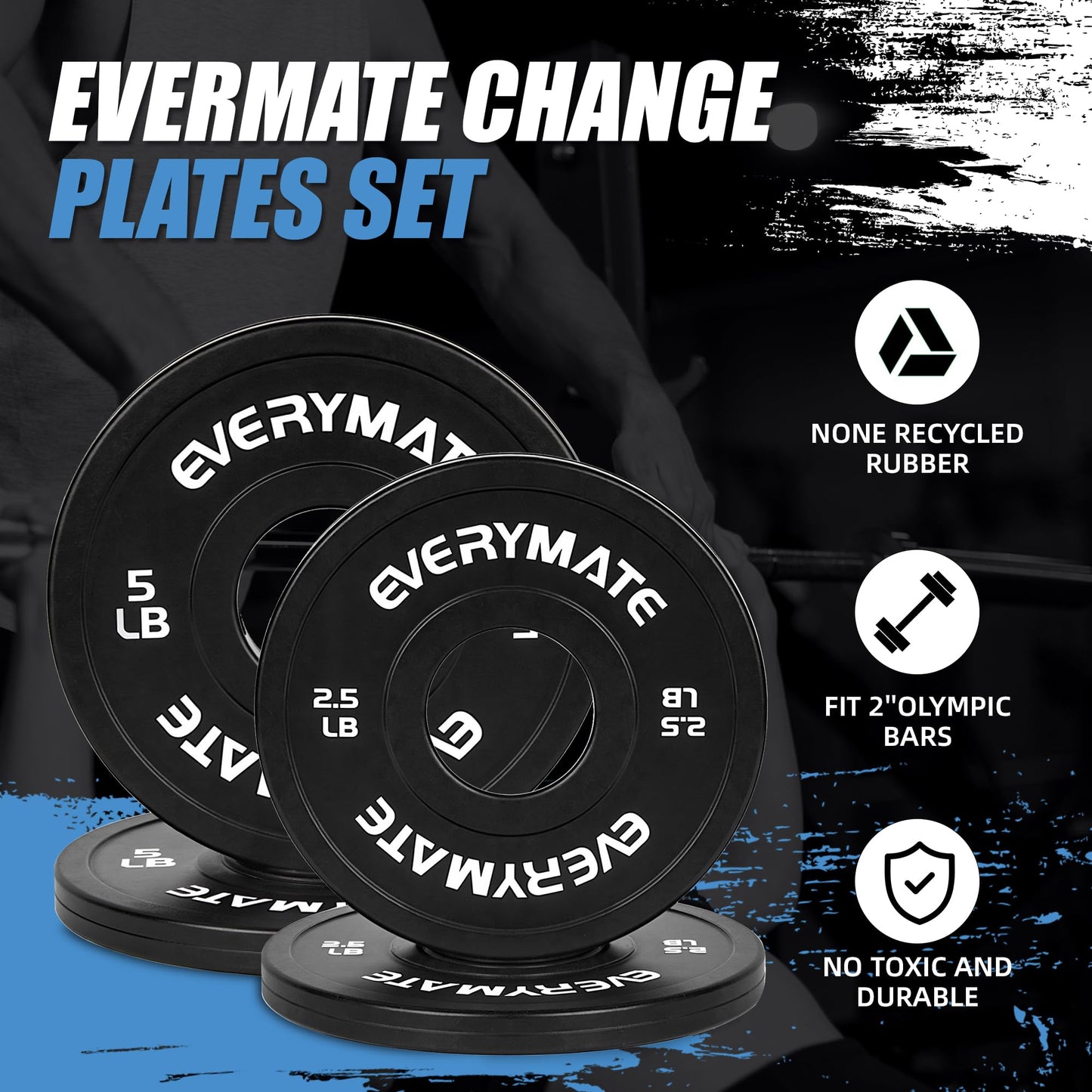 EVERYMATE Black Change Weight Plates: 2.5LB 5LB Set Fractional Plate Olympic Bumper Plates Set for Strength Training, 2 inch weight plates