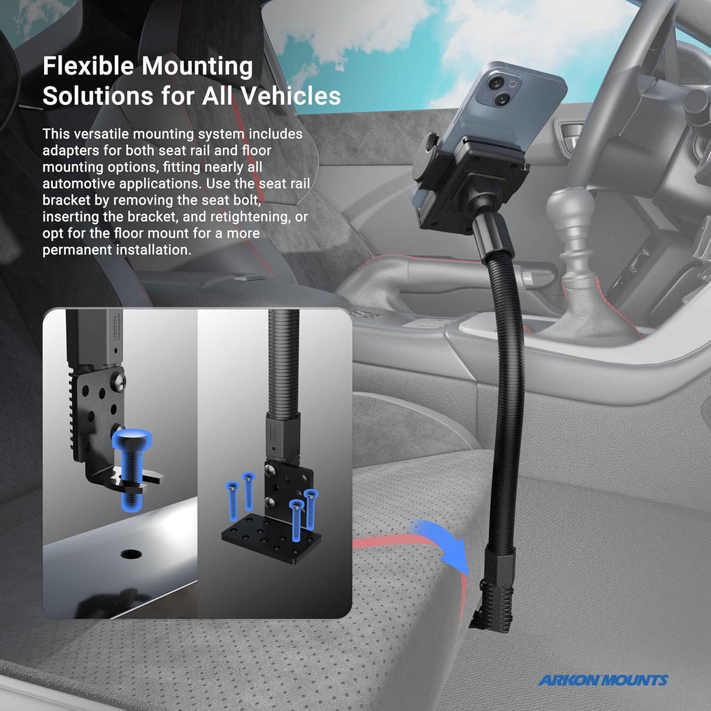 ARKON Mount Car or Truck Seat Rail/Floor Phone Mount | Universal Compatible | Flexible Gooseneck | Easy Installation |