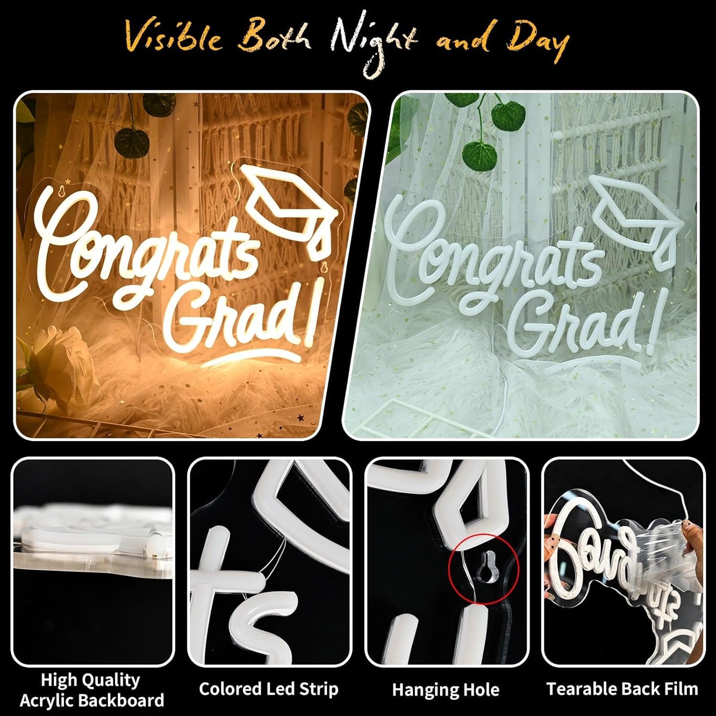 Skiennix Congrats Grad Neon Sign - Graduation Cap Design | 16"x11" Warm White LED Light for Class of 2026 Celebrations