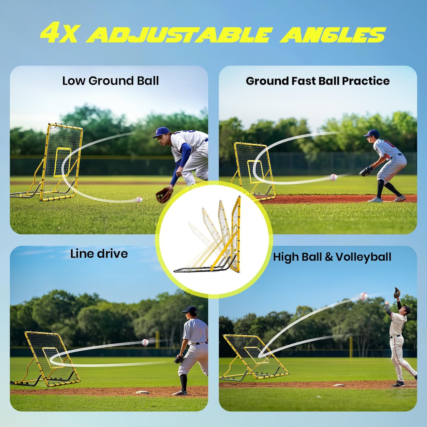 Baseball Rebounder Net,4x4.5FT Multi-Sport Pitch Back Rebounder Steel Frame with 4 Adjustable Angles, 40pcs Bungees Soccer, Volleyball&Lacrosse Trainer for Solo Fielding (Yellow)