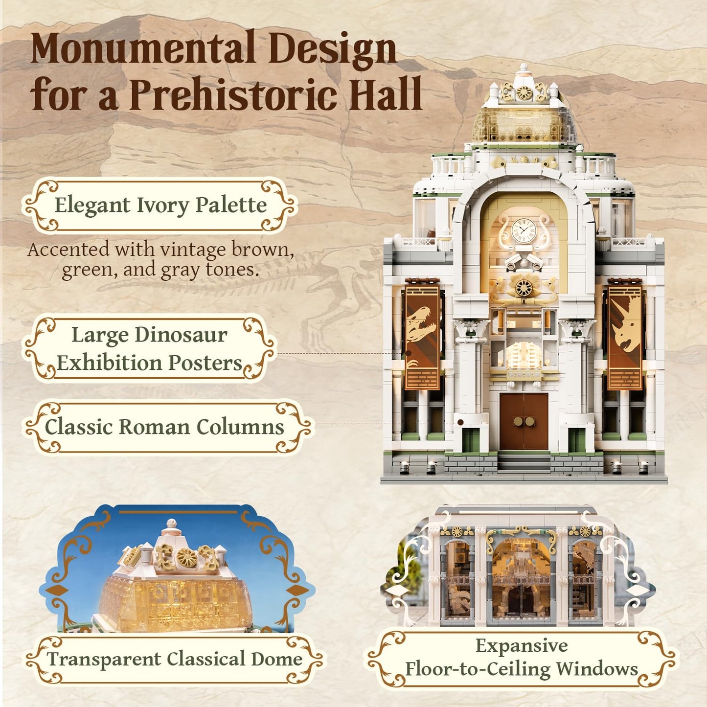 PANTASY Light Up Dinosaur Museum Building Blocks, Baroque Architecture Expandable Double Hall Model, Modular Building Set, 11 Lights, Street View Compatible Collectible Interactive Display Set