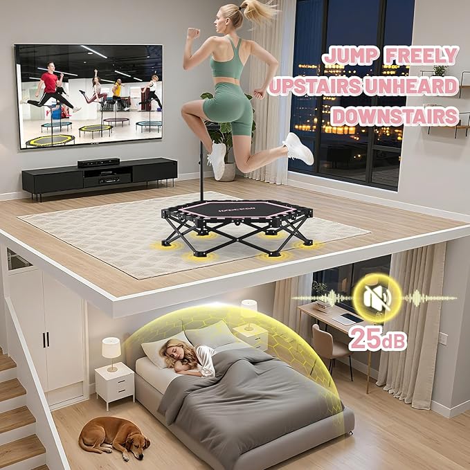 Foldable Mini Trampoline, Rebounder Trampoline with Adjustable Foam Handle, Fitness Trampoline for Indoor, Outdoor, Home Gym, Max Load 460lbs
