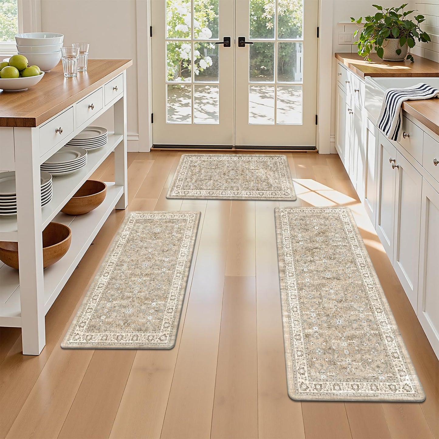 Pauwer Anti Fatigue Kitchen Floor Mats Set of 3, PVC Foam Padded Kitchen Rugs, Non Slip Cushioned Comfort Standing Mat, Waterproof Sink Rug for Small Kitchen Area, Laundry Room, Light Brown