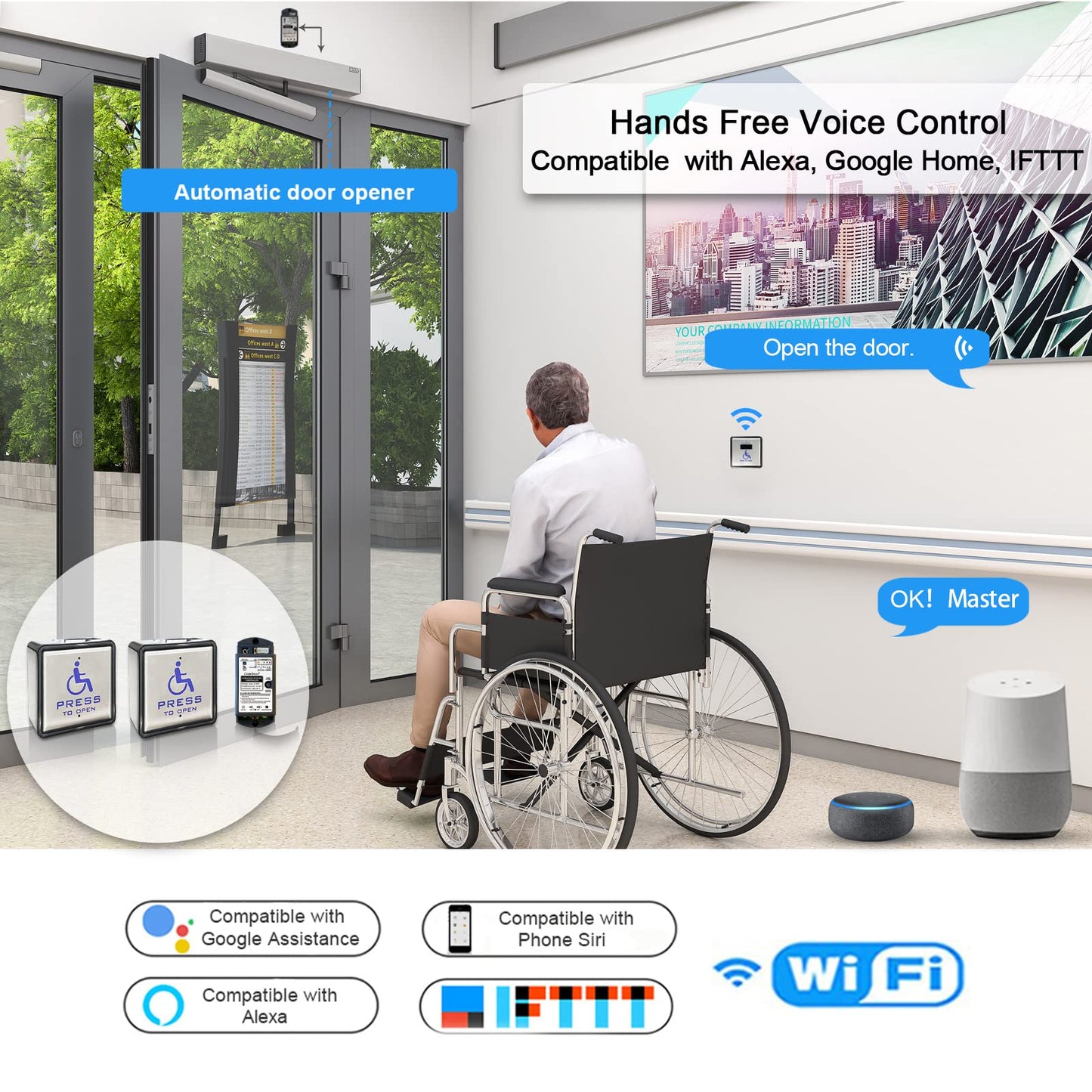 Handicap Door Opener for Disabled People, Low Energy ADA Swing Door Operator with Stainless Steel Handicap Push Buttons