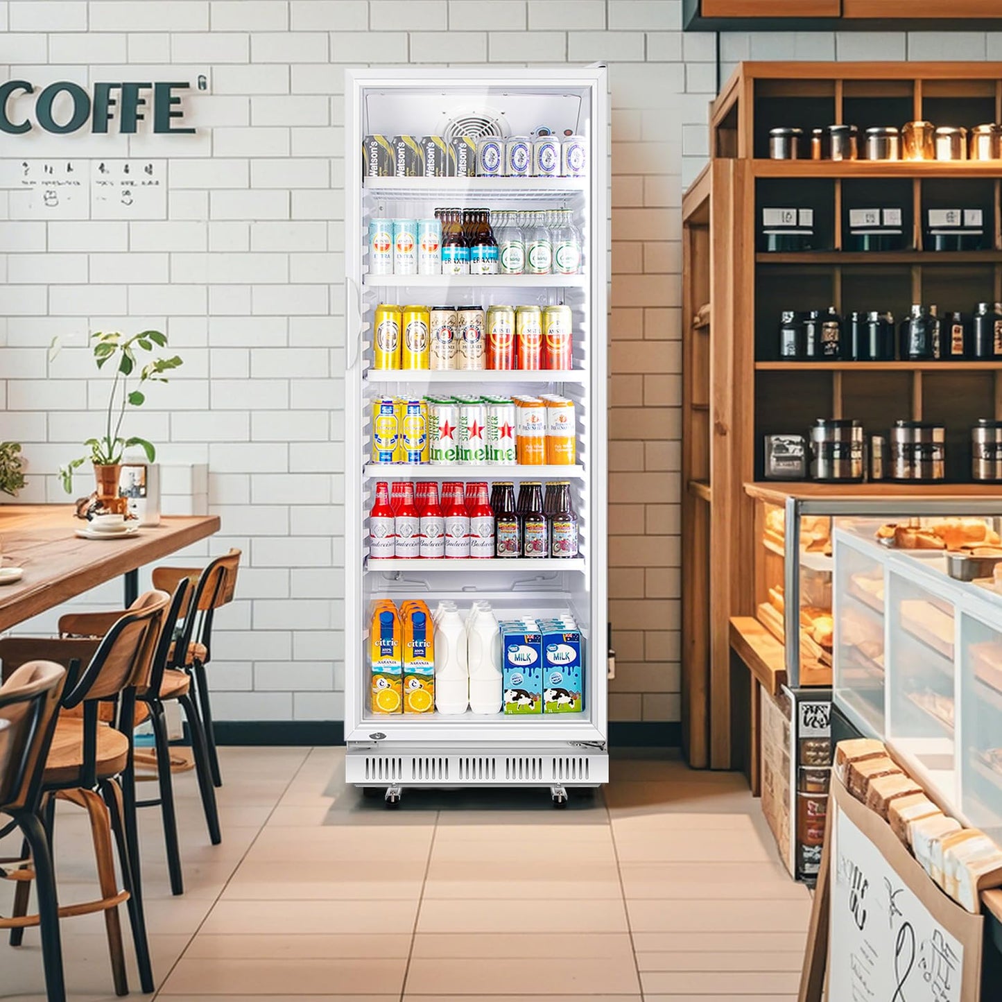 Tylza Commercial Refrigerator with Glass Door Display Beverage Fridge, 360L Upright Beverage Cooler Merchandiser with Rebound Door, Fast Cooling, Low Noise, White
